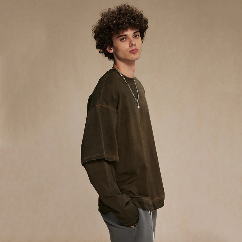 American Style Men's Long Sleeve T-Shirt - Round Neck Washable Faux Two-Piece Design Solid Color Loose Fit Casual Tee for Everyday Wear, Street Style & Layering