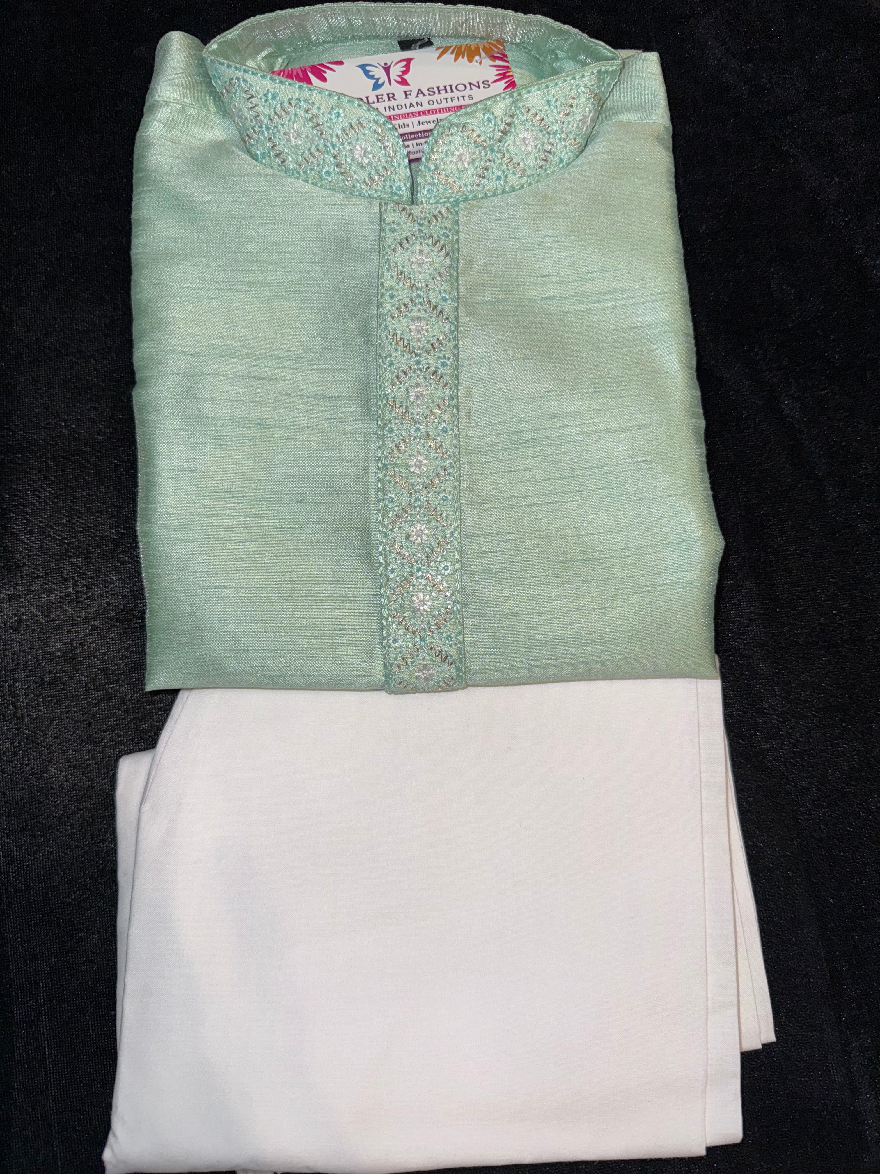 Stylish Light Green Embroidered Kurta Pajama Set for Kids | Traditional Indian Ethnic Wear | Perfect for Festivals, Weddings & Special Occasions