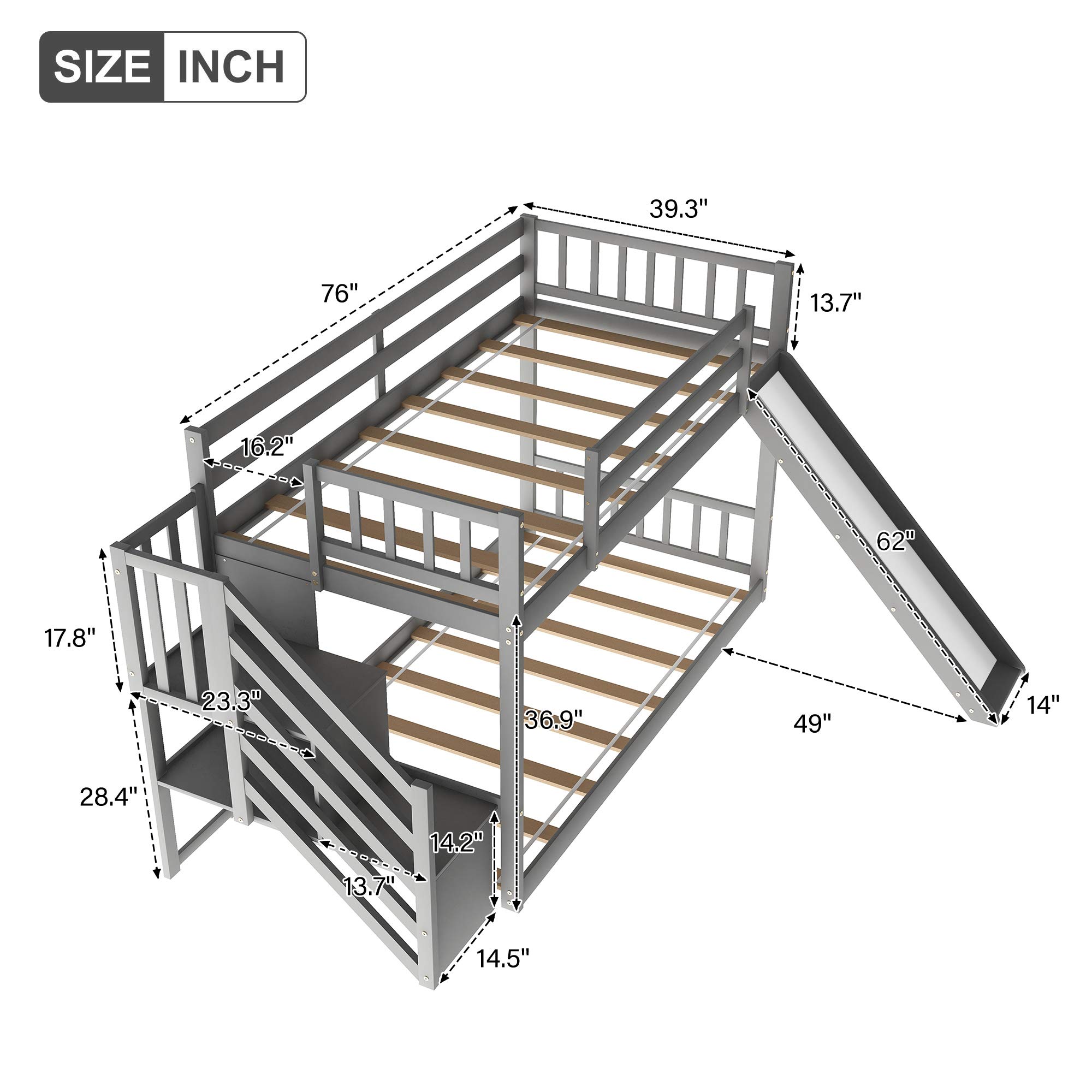 **Convertible Twin Over Twin Wood Bunk Bed with Slide & Stairway - Low Bunk Bed for Kids, No Spring Box Needed (Gray) - Perfect for Small Bedrooms & Shared Kids' Rooms**