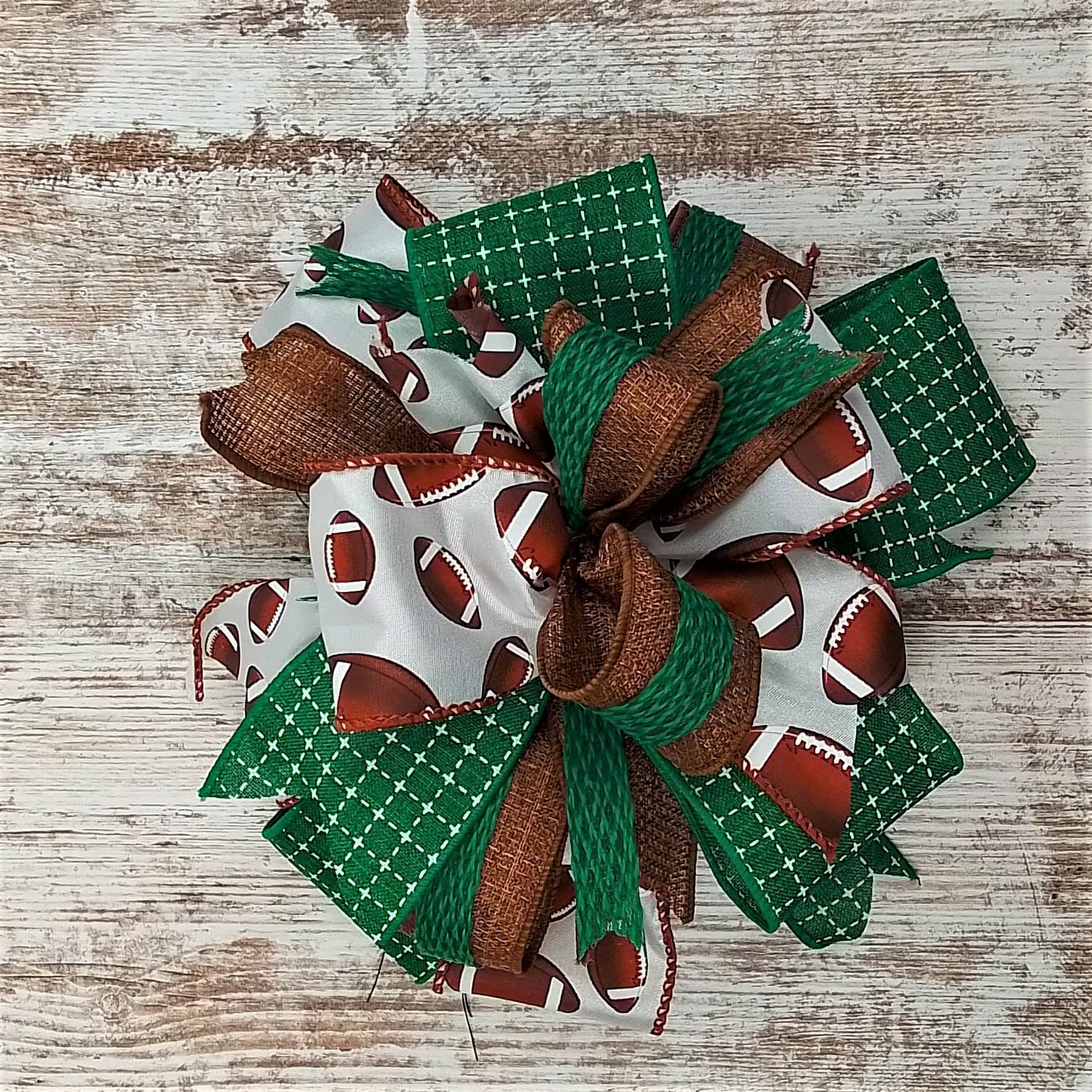 Handmade Burlap Wreath Bow Embellishments - Farmhouse Style Layered Lantern Wreath Decor (Set of 10, Green/Brown Football Theme) - Perfect for DIY Wreath Making, Front Door Decor, and Seasonal Home Decoration