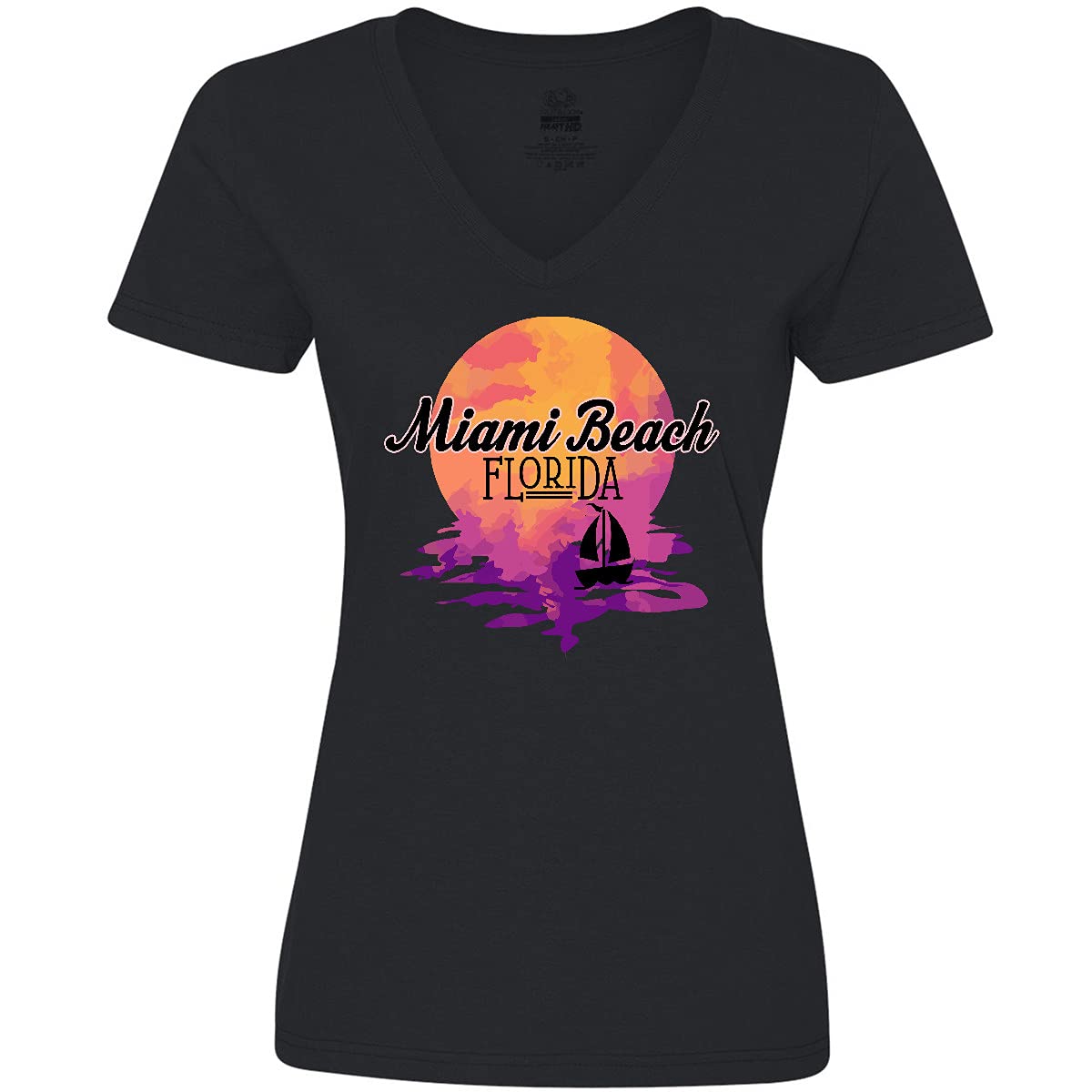 Inktastic Miami Beach Florida Sunset Vacation Women's V-Neck T-Shirt - Casual Summer Wear for Beach Outings & Travel