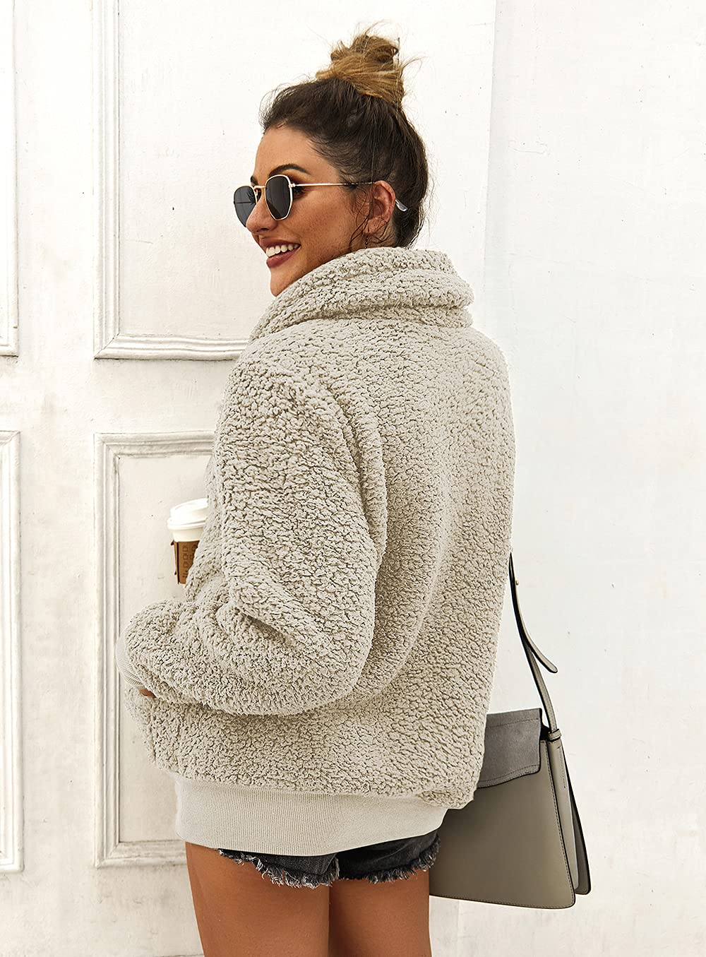 KIRUNDO Women's 2025 Winter Fleece Sherpa Pullover with Faux Shearling Lapel & Zipper - Cozy Warm Sweatshirt with Pockets for Outdoor Activities, Casual Wear & Cold Weather Fashion