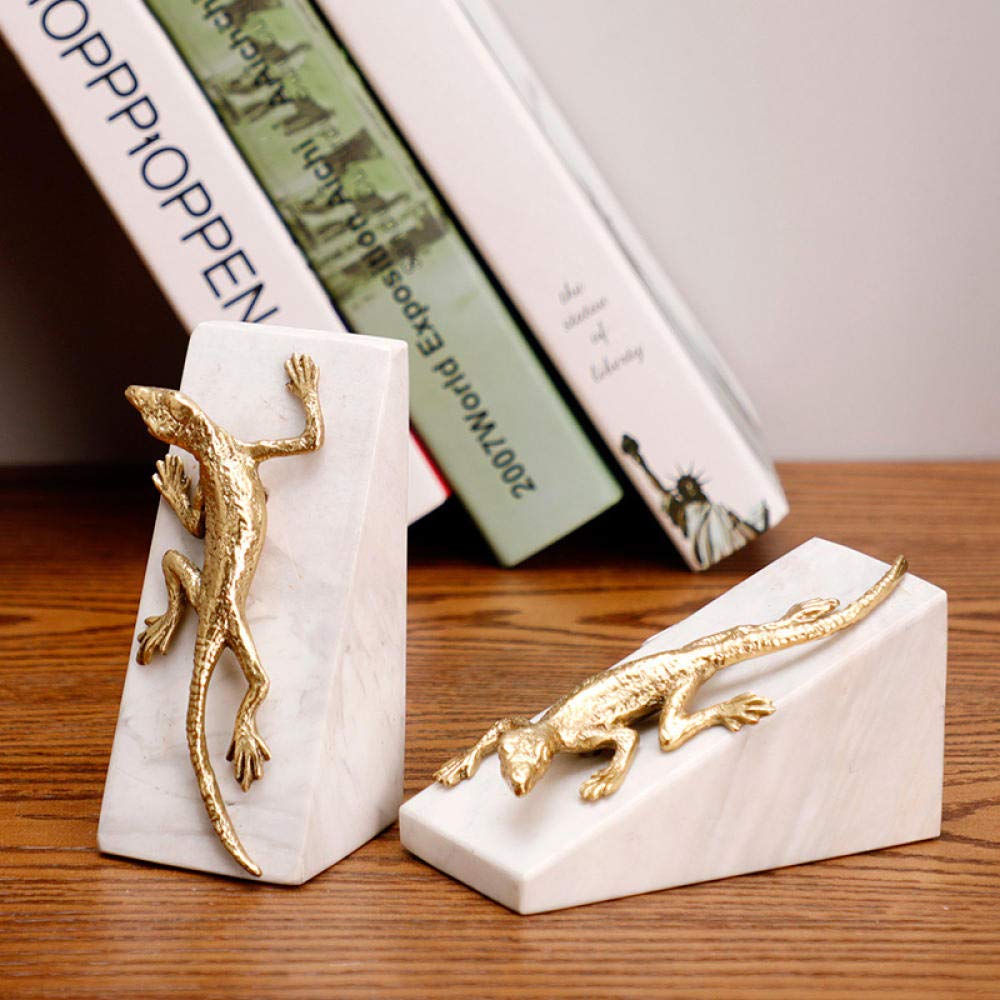 Golden Gecko Sculpture - Pair of Metal Crawling Geckos on Marble Base for Home & Office Décor | Elegant Desktop Statue for Living Room, Bookshelf, or Workspace Decor