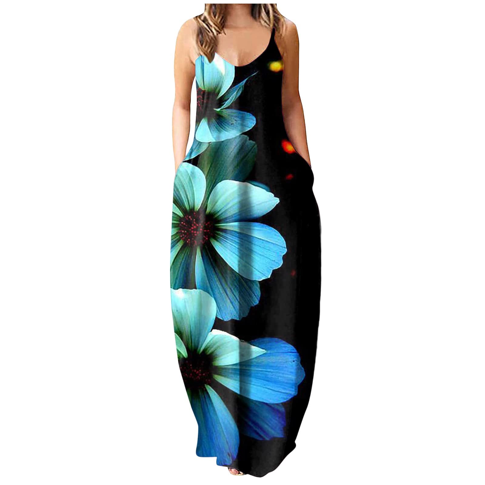 Elegant White Maxi Dress for Women - Floral Print V-Neck Sleeveless Beach Dress, Plus Size Casual Long Dress with Train (Blue, Size S) | Perfect for Summer Vacations, Beach Parties & Boho Fashion