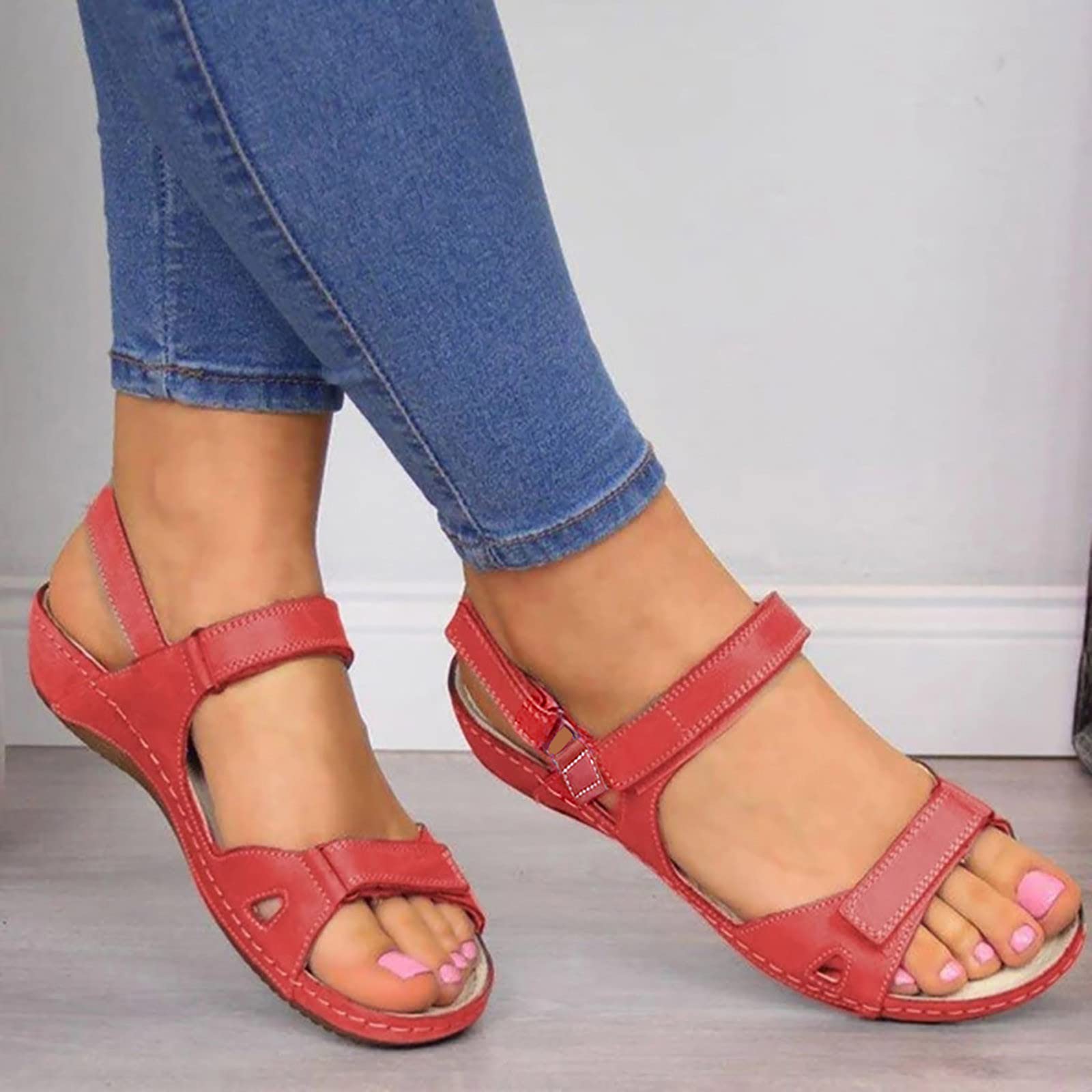 **Women's Orthopedic Sandals with Arch Support – Comfortable Orthotic Walking Sandals for Flat Feet – Fashionable Open Toe Ankle Strap Dressy Summer Sandals (Red, Size 10) – Perfect for Walking, Travel & Casual Outfits**