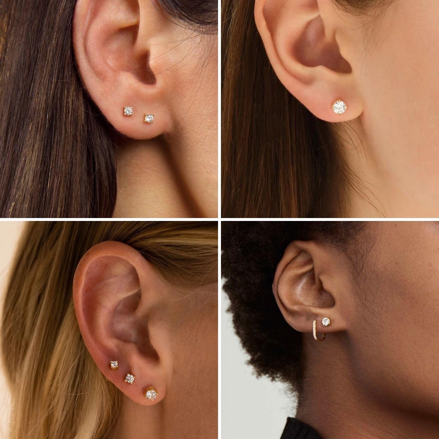 Kainier 14K Gold Plated CZ Stud Earrings for Women - Round Simulated Diamond Cubic Zirconia Earrings Set (5 Pairs) | Perfect for Everyday Wear, Gift Giving & Special Occasions