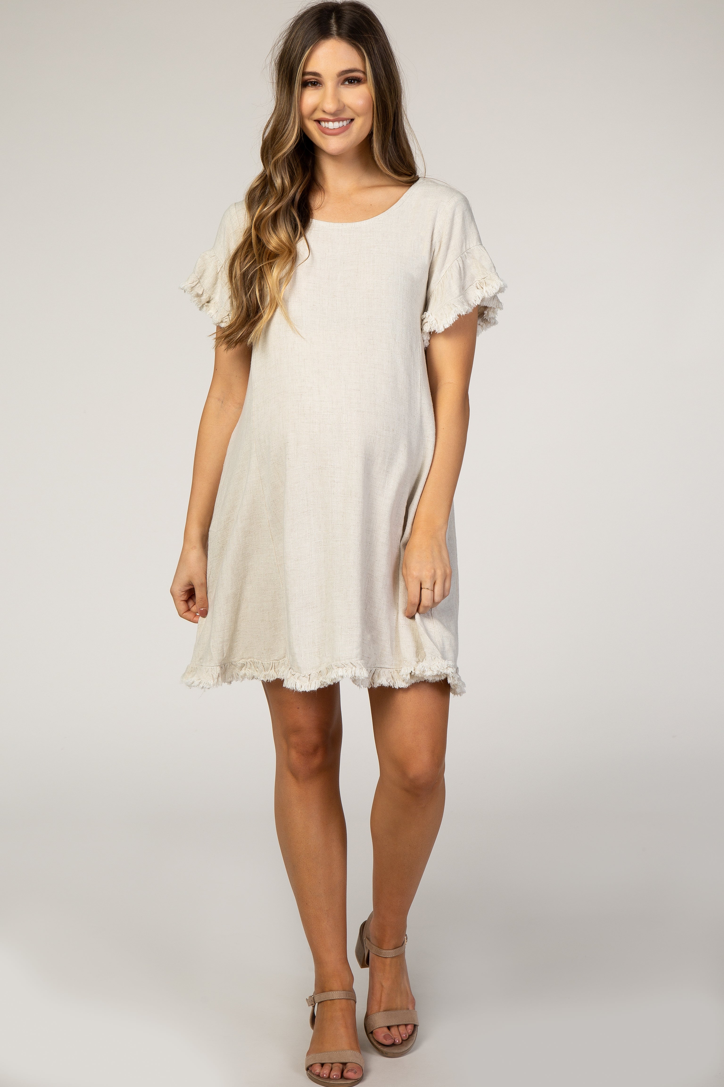 Beige Fringe Linen Maternity Dress for Women - Comfortable Summer Pregnancy Outfit for Beach, Vacation & Photoshoots