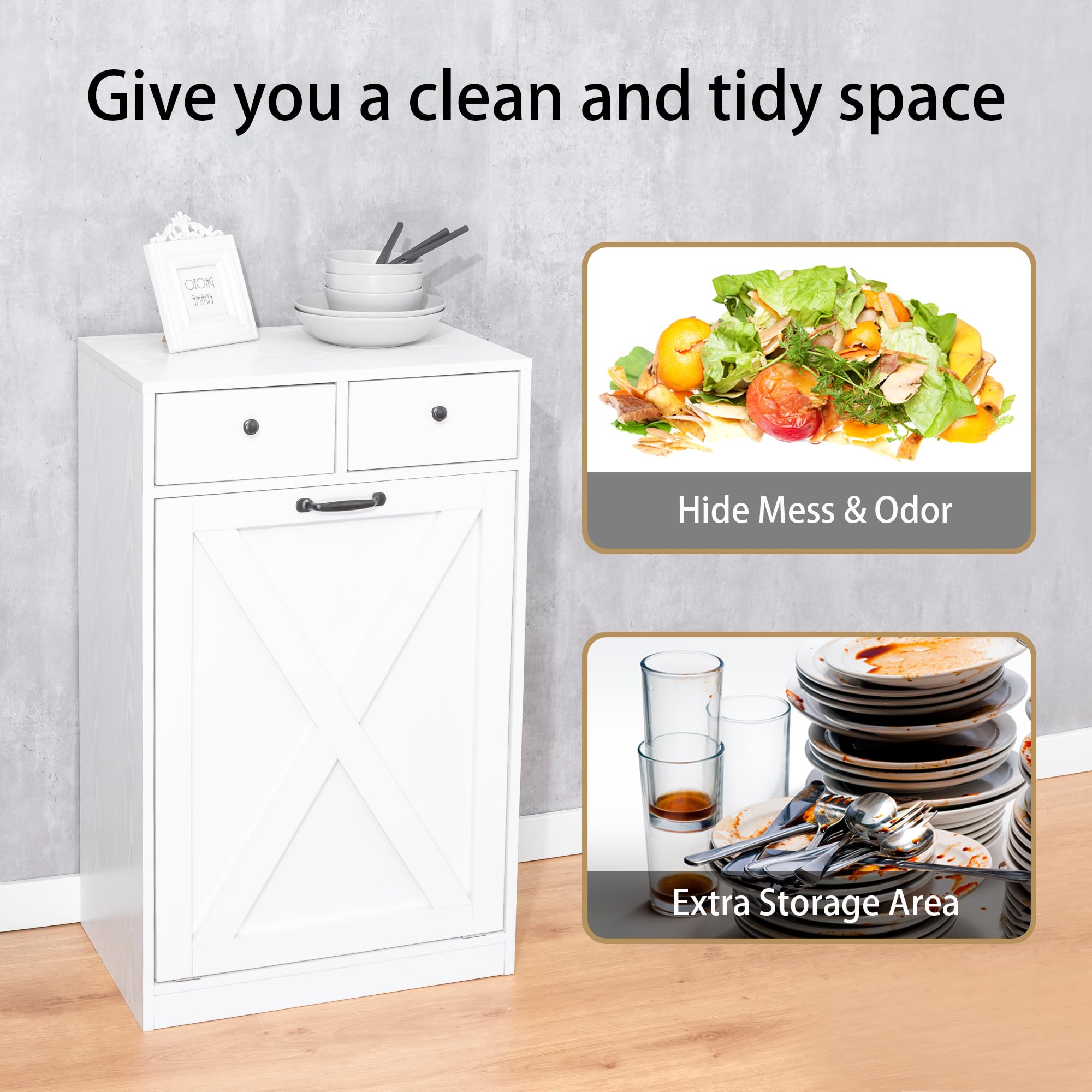 13 Gallon Tilt-Out Trash Cabinet with 2 Drawers - White Wooden Hidden Kitchen Recycling Storage - Free Standing Pet Proof Trash Can & Laundry Organizer - Perfect for Kitchens, Pantries & Utility Rooms