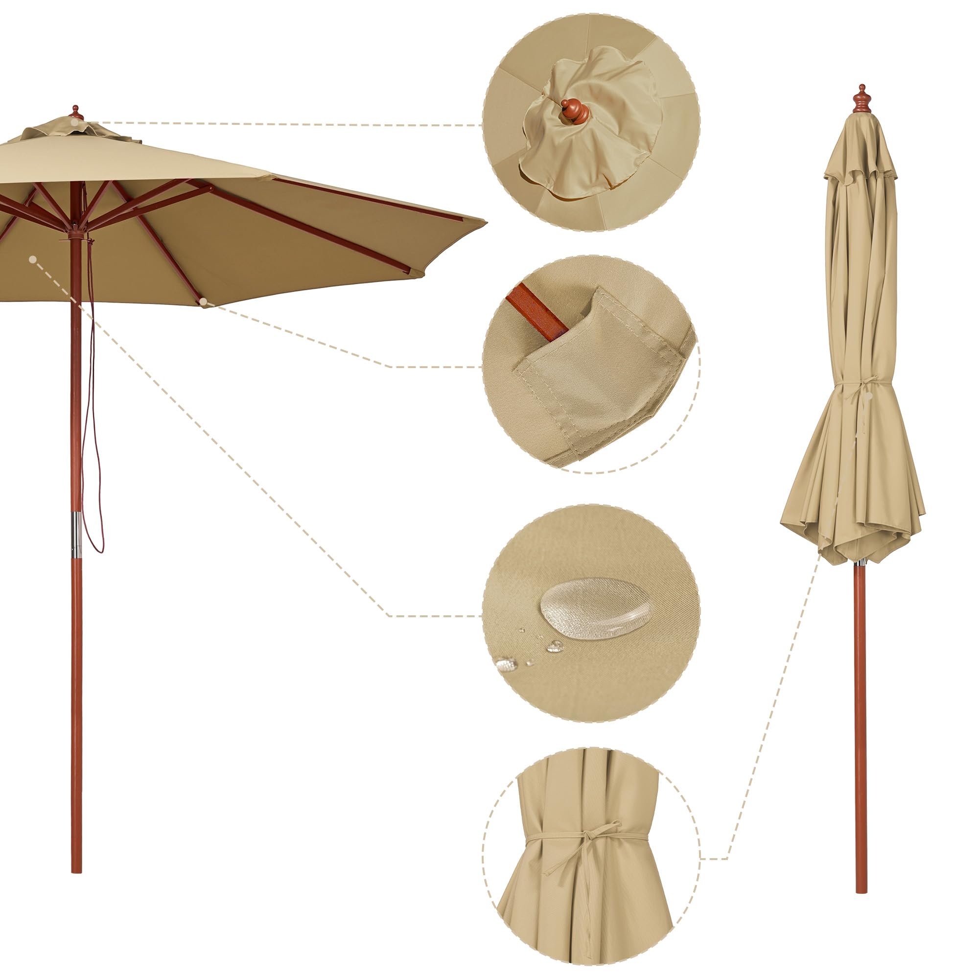 Yescom 9ft Tan Wooden Outdoor Patio Umbrella with Pulley - Perfect for Garden, Yard, Beach, Deck & Cafe - Sun Shade for Outdoor Dining & Relaxation