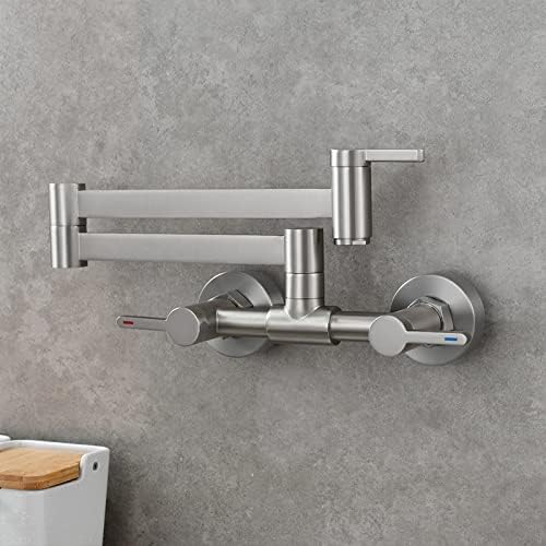 Solid Brass Wall Mount Kitchen Sink Faucet - Dual Handle Hot & Cold Water Mixing Tap with Extendable Folding Arm in Matte Black | Perfect for Small Spaces, RV, Camper & Tiny Homes