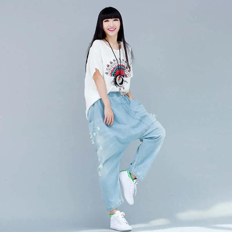 Women's Summer Blue Denim Casual Pencil Pants with Pockets - Slim Fit High Waisted Trousers for Work, Office & Everyday Wear