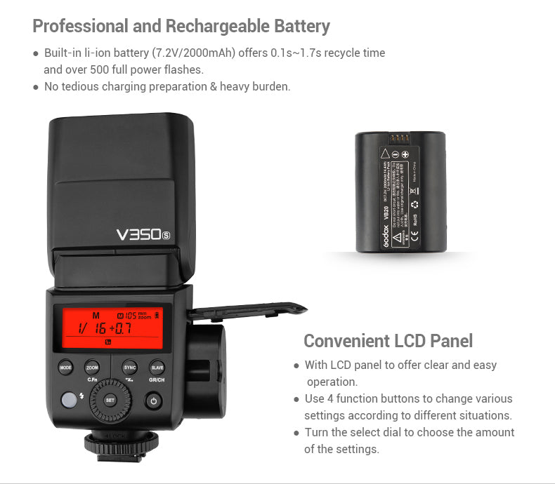 V350 Mini Lithium Ion Speedlight Flash for Sony Cameras - Compact & Powerful Lighting for Portraits, Events & Low Light Photography