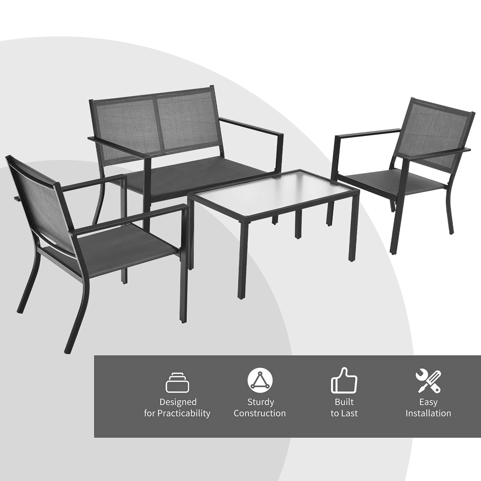 Tangkula 4-Piece Outdoor Patio Furniture Set - Grey Wicker Sectional Sofa with Glass Coffee Table - Weather-Resistant Garden Conversation Set for Backyard, Porch, Balcony & Poolside Relaxation