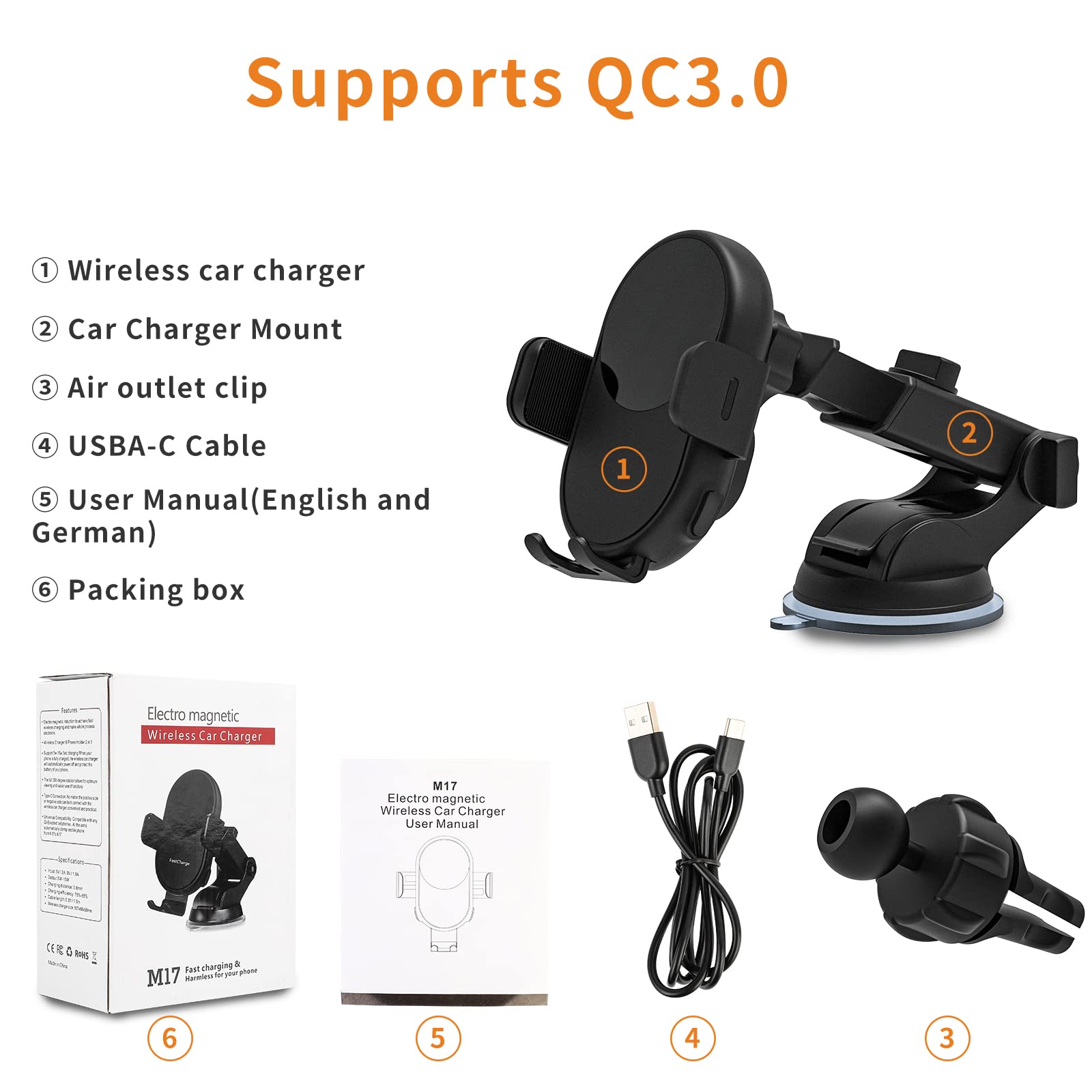 15W Qi Fast Wireless Car Charger - Auto Sensor Phone Holder with Vent & Suction Cup Mount - Compatible with iPhone 15/14/13, Samsung Galaxy S23/S22, Huawei, OnePlus - Perfect for Road Trips & Commuting