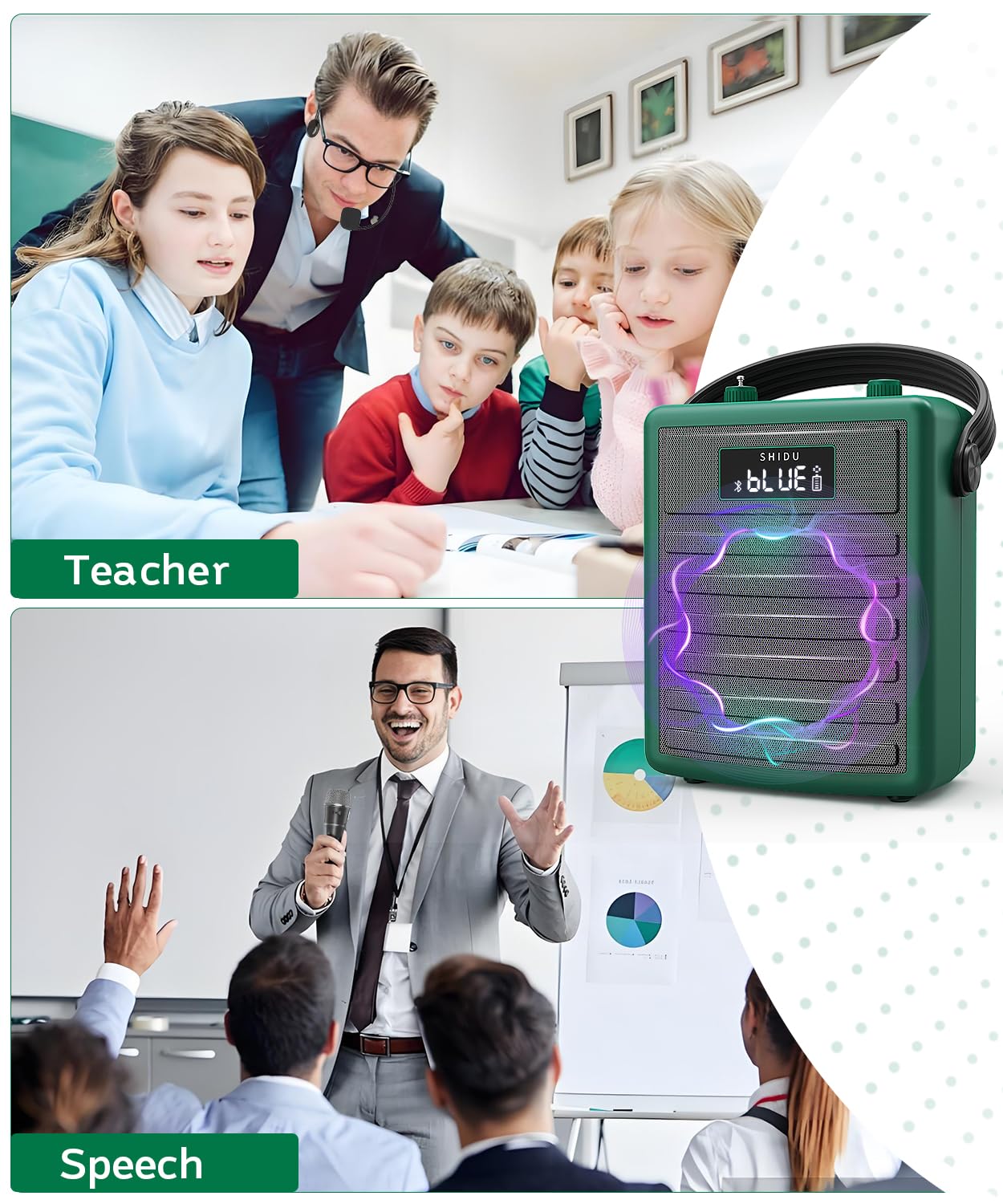 SHIDU Professional Portable Bluetooth Speaker with Wireless UHF Microphone - Voice Amplifier System with Headset & Handheld Mic for Teachers, Meetings, Speeches, Outdoor Events | Ideal for Classroom Lectures, Conference Presentations & Public Speaking