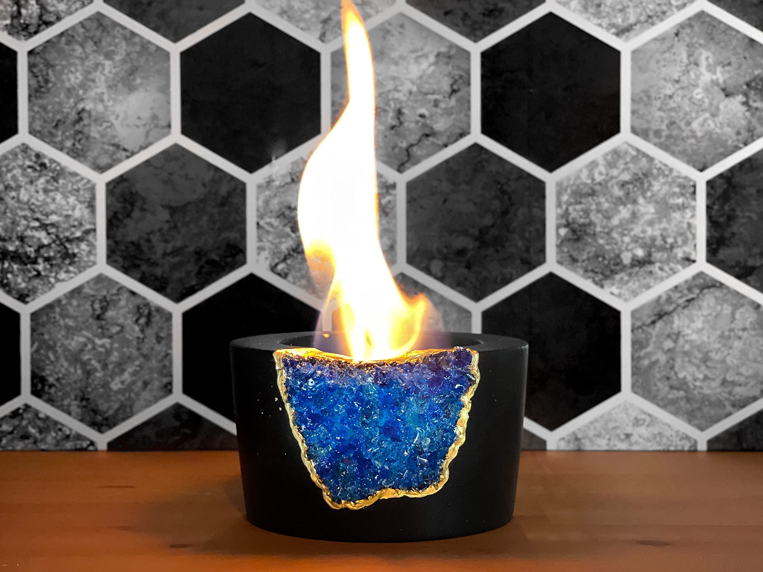 Portable Tabletop Fireplace - Indoor/Outdoor Bio Ethanol Fire Pit Bowl, Mini Concrete Chiminea for Meditation & Decor, Navy Blue & Black - Perfect for Patio, Living Room, and Backyard Ambiance