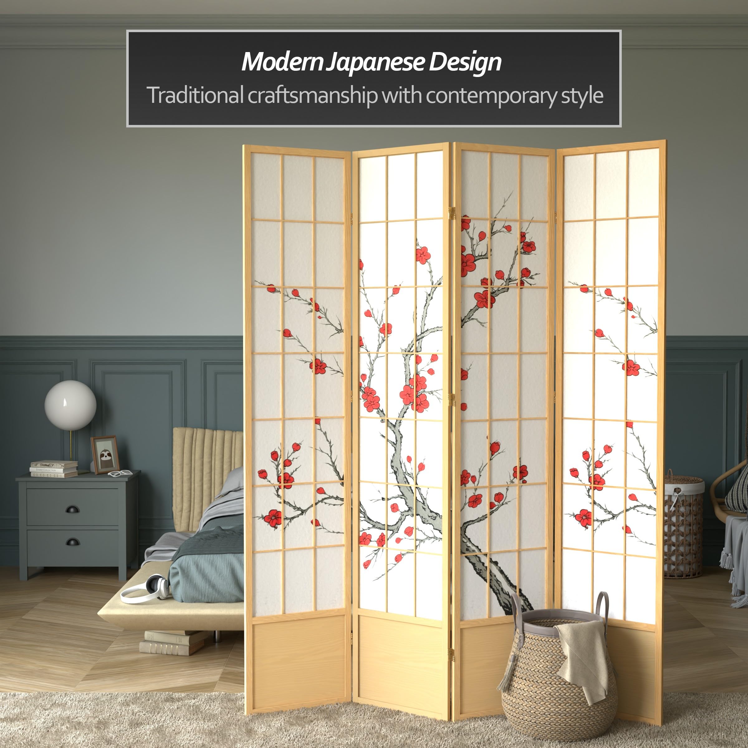 Red Lantern SS-84CBLSS 4-Panel Natural Bamboo Room Divider Screen - Perfect for Home Office, Living Room, and Bedroom Privacy