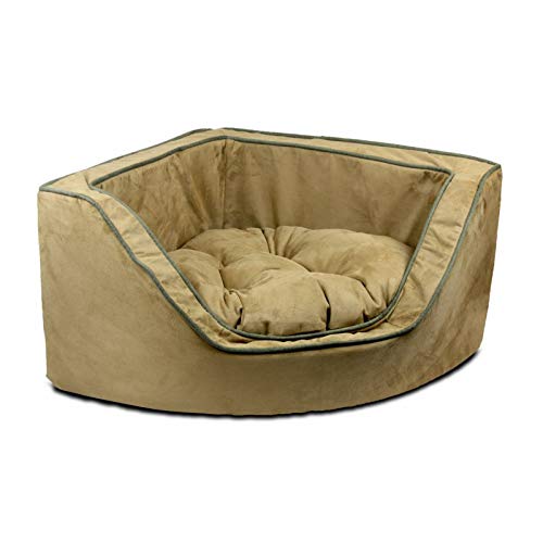 Luxury Overstuffed Corner Dog Bed with Microsuede - Small Size Camel/Olive - Snoozer Pet Products - Perfect for Small Dogs in Living Rooms & Bedrooms