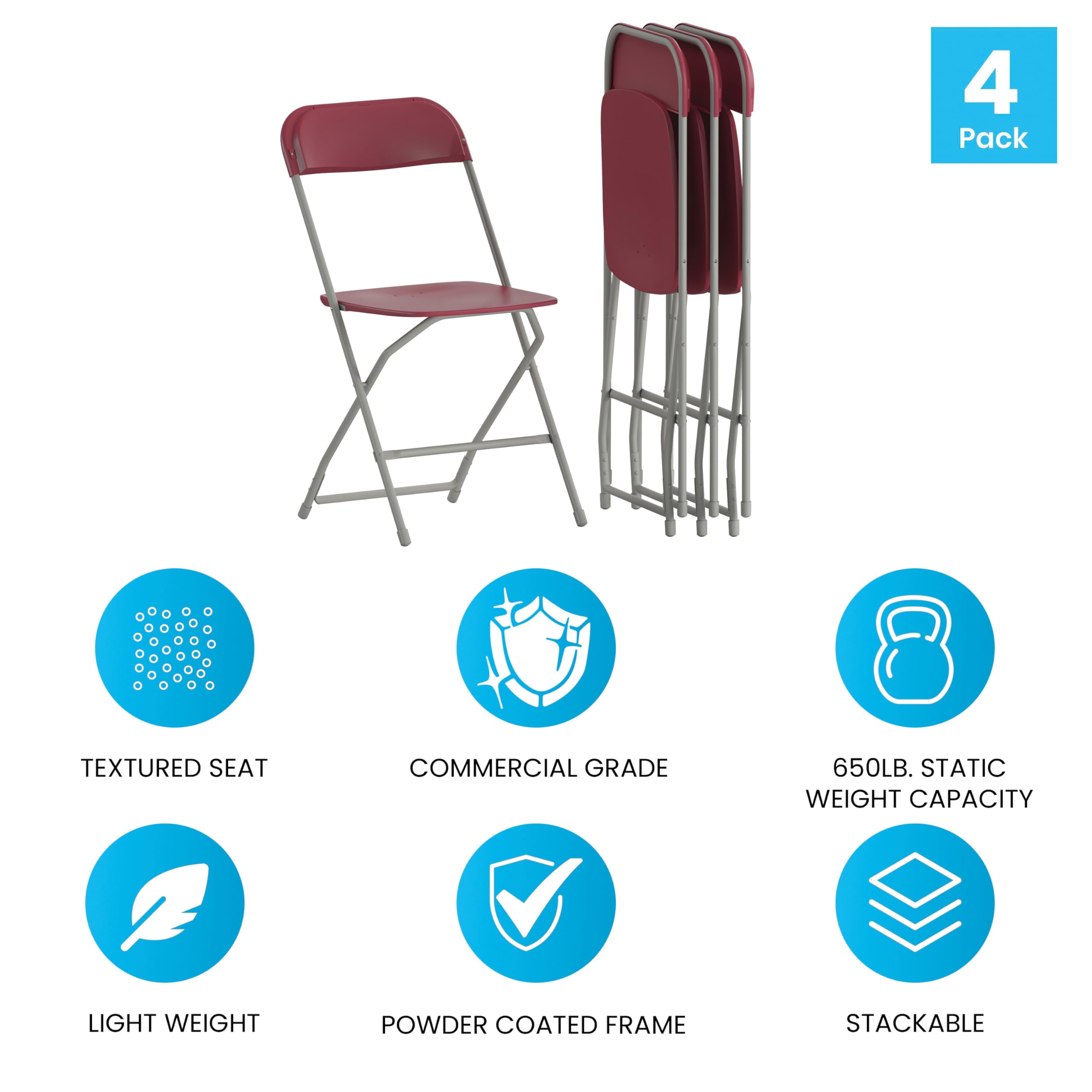 EMMA + OLIVER 4-Pack Red Plastic Folding Chairs - 650LB Weight Capacity, Lightweight & Comfortable Event Chairs for Parties, Weddings, Picnics, and Outdoor Gatherings