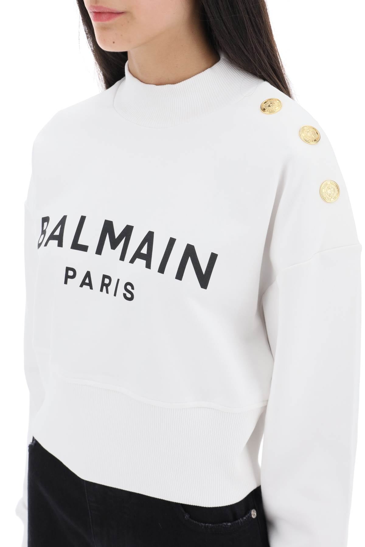 Balmain Cropped Sweatshirt for Women - Logo Print & Button Details | Stylish Casual Wear for Outings & Street Fashion
