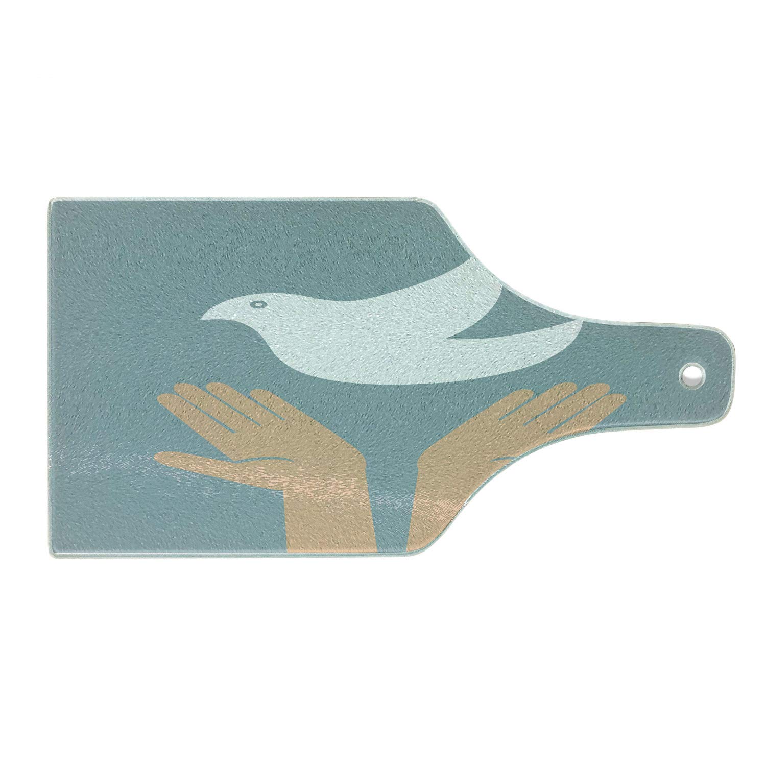 Ambesonne Hippie Style Vintage Tempered Glass Cutting Board - Dove of Peace & Hands World Peace Theme - Decorative Serving Board for Kitchen, Party, Gift - Wine Bottle Shape in Slate Blue, White & Tan