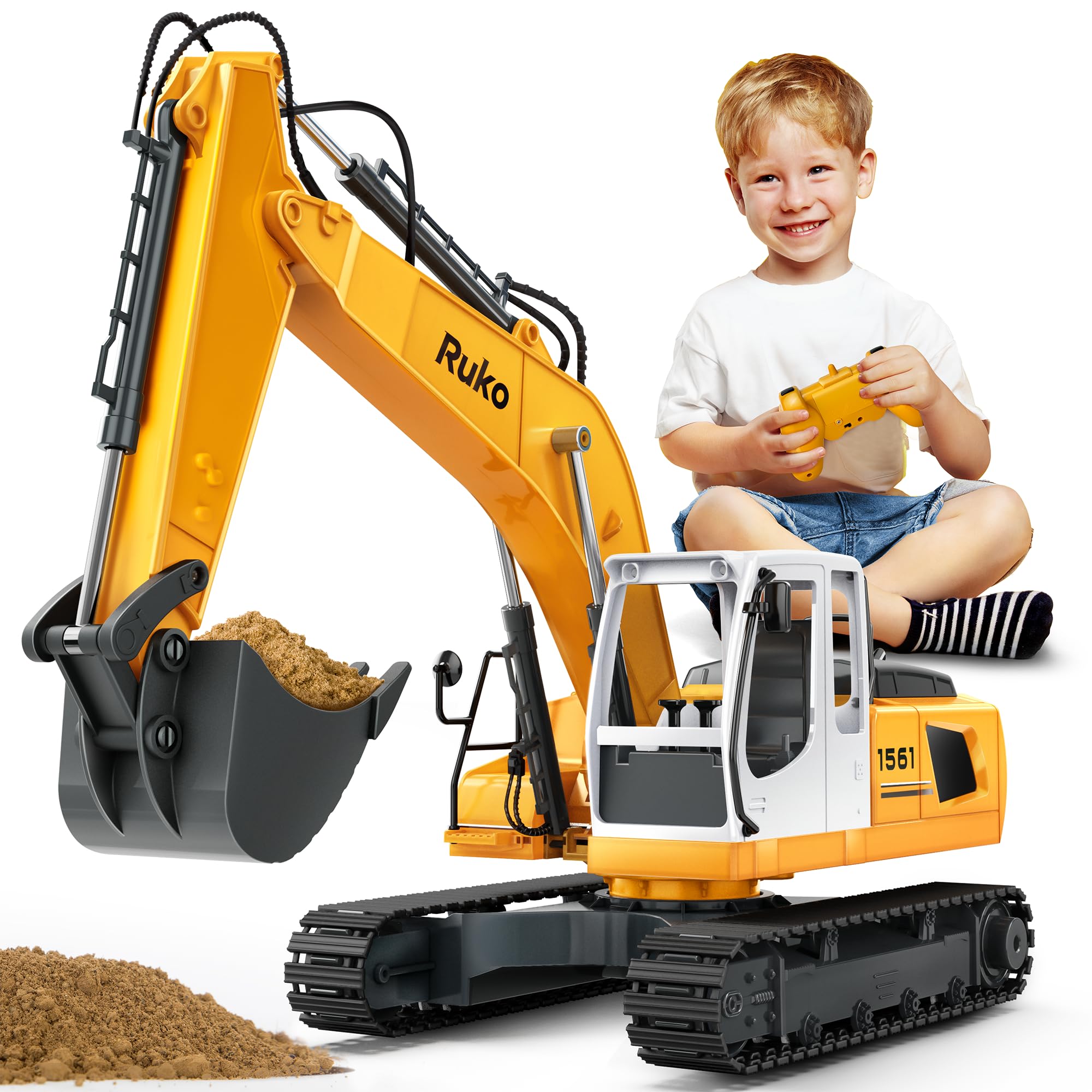 Ruko 1561 RC Excavator - 3 in 1 Remote Control Construction Toy with Alloy Shovel & Drill, 17 Channel RC Vehicle for Boys & Adults (Ages 6-14) - Realistic Lights & Sounds for Sandbox Play, Construction Site Pretend Play & STEM Learning