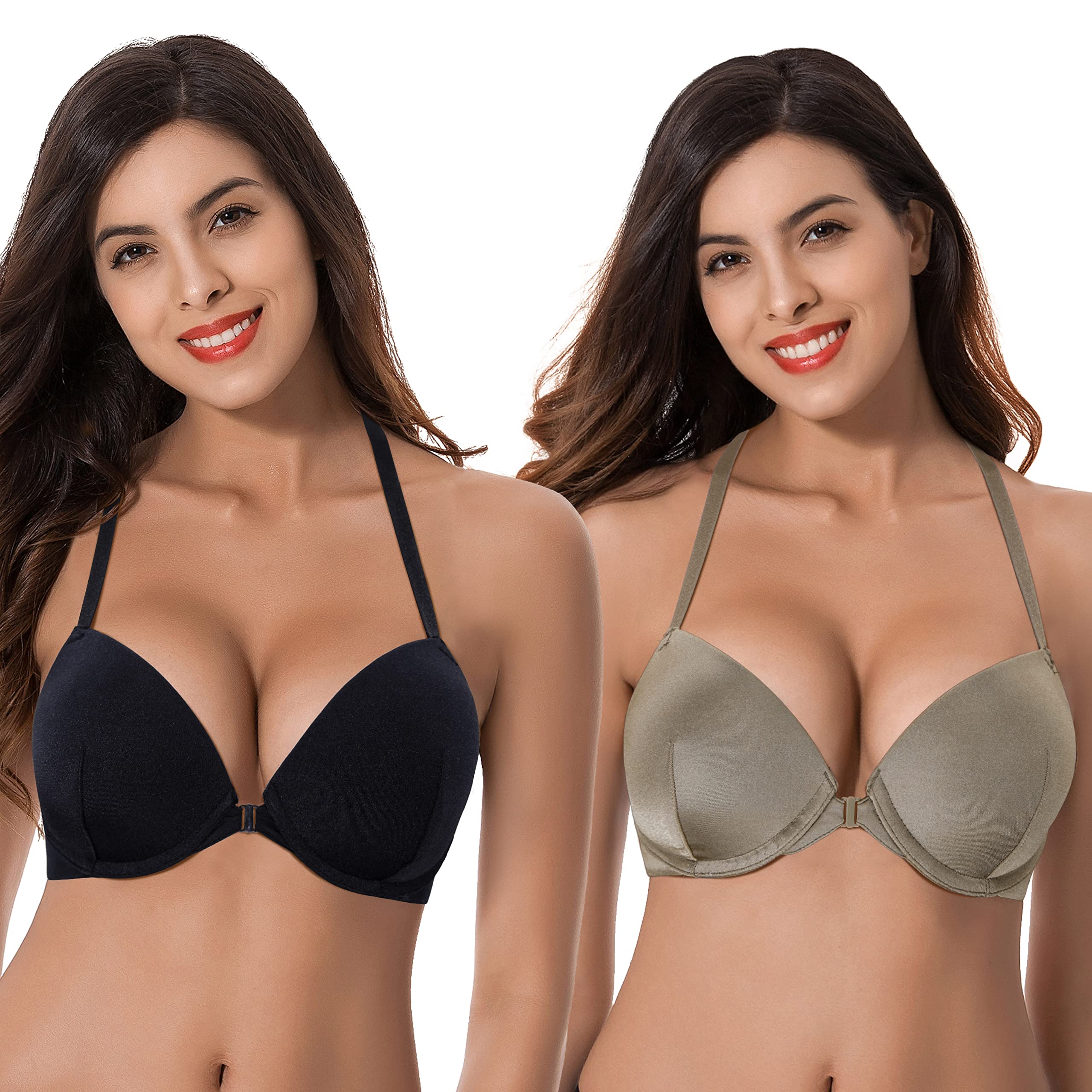 Curve Muse Women's Push Up Bra - Adds 1.5 Cup Sizes, Underwire Halter Front Closure - Perfect for Evening Wear, Date Nights & Special Occasions