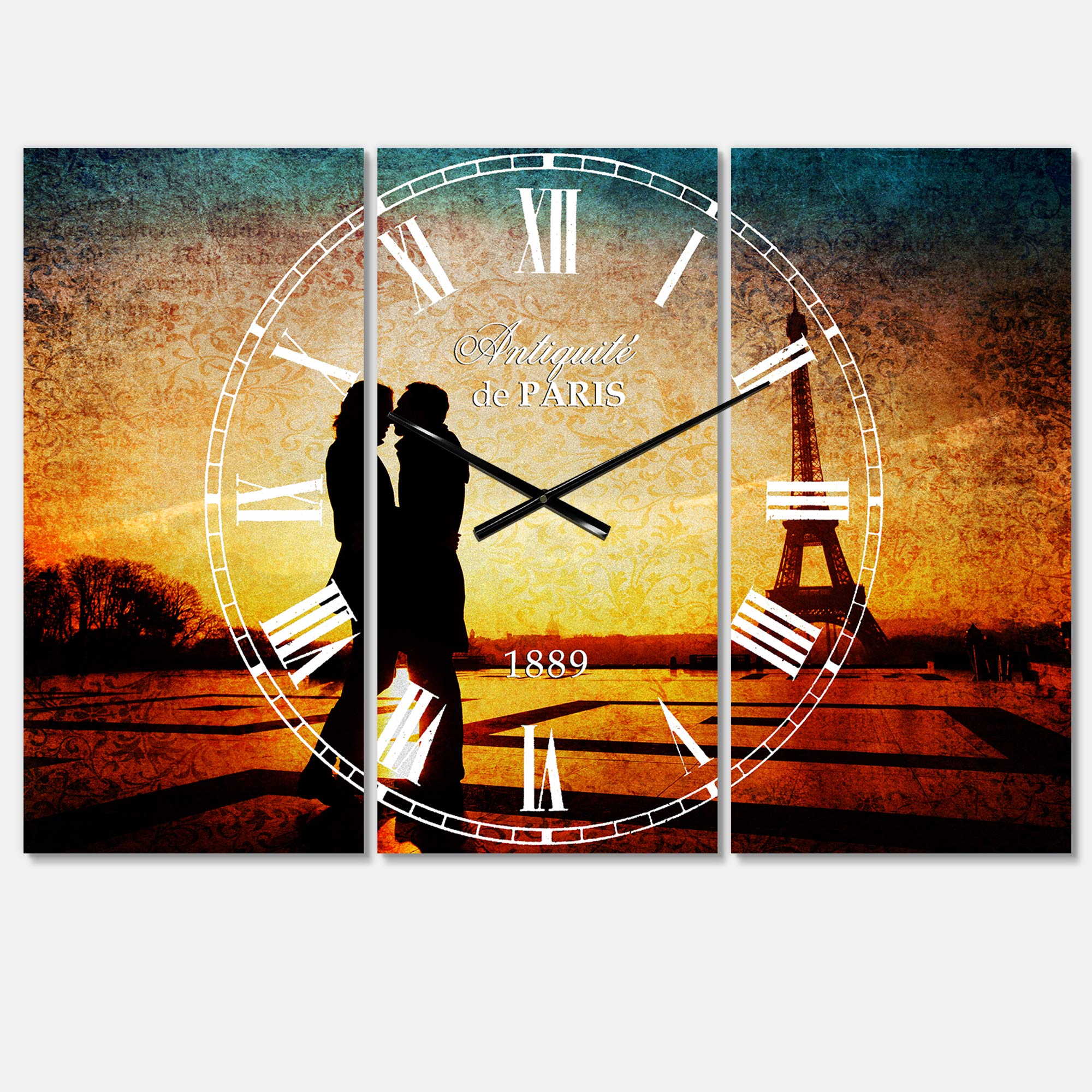 French Country Wall Clock with Eiffel Tower & Kissing Couple Design - Yellow Round Vintage Clock for Bedroom, Living Room & Kitchen Decor | Perfect Farmhouse Home Décor Gift