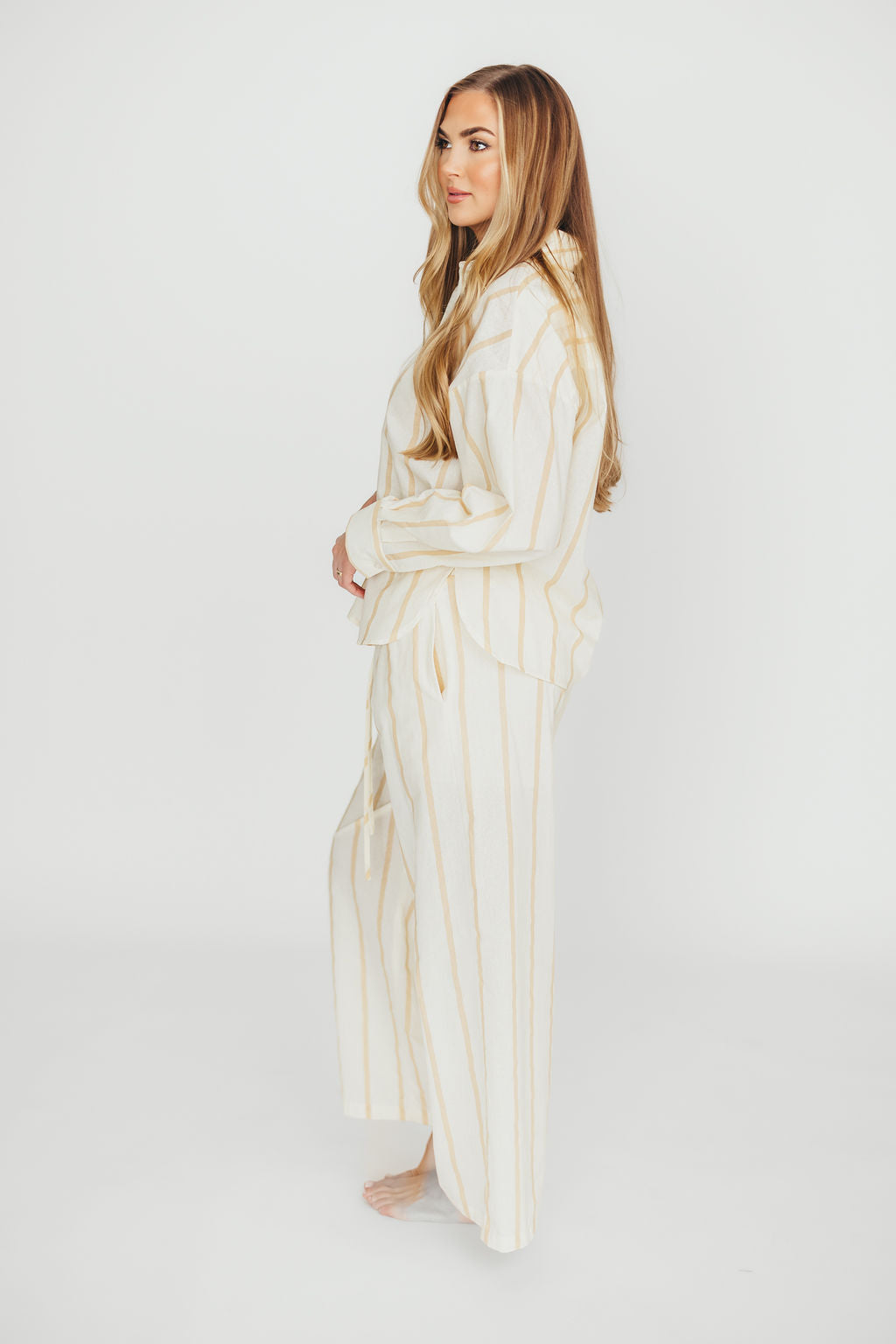 Rowan Pants in Beige Stripe - Women's High-Waisted Casual Trousers with Comfort Stretch | Perfect for Office, Travel & Everyday Wear