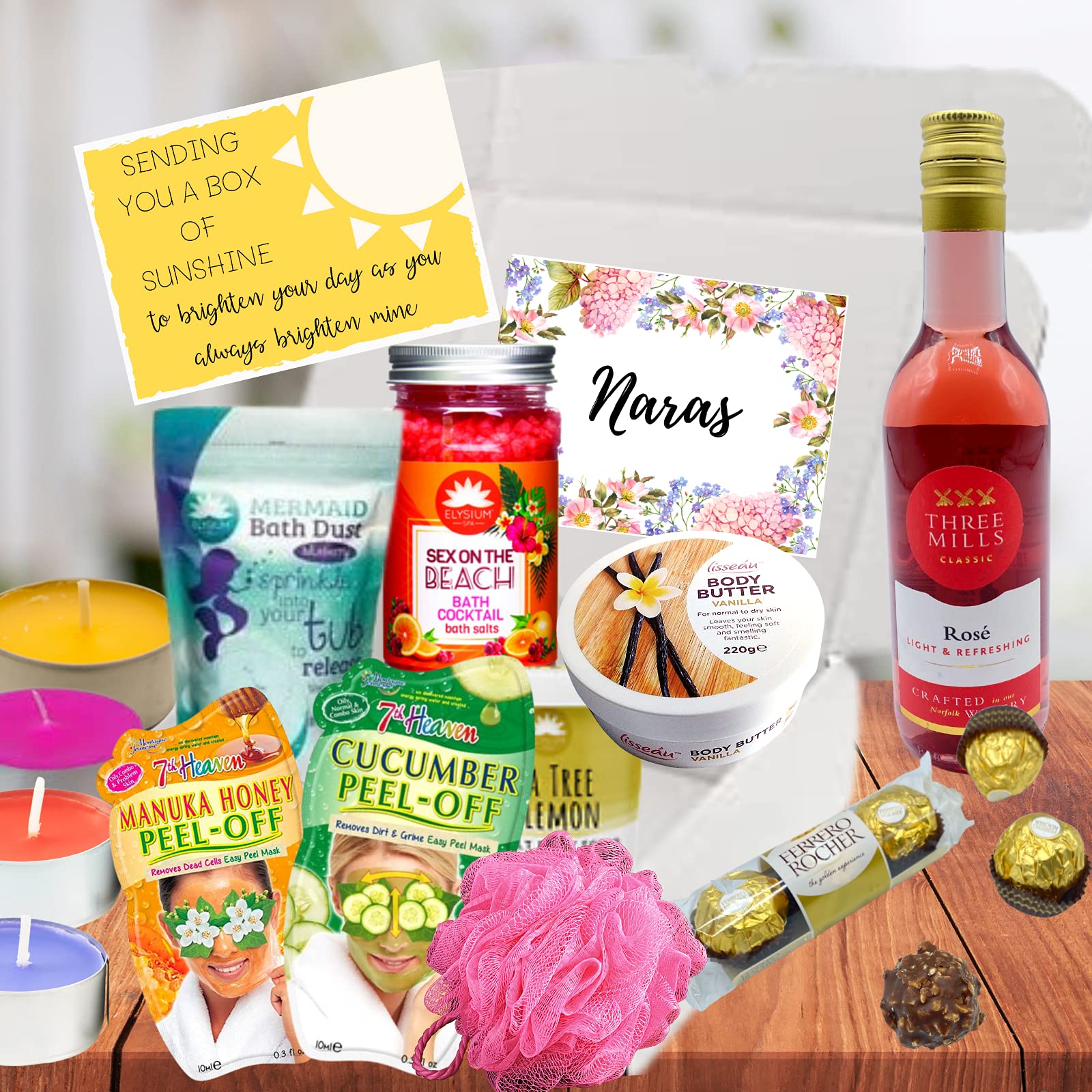 Luxury Rose Wine Gift Basket for Women - Sparkling Rosé, Gourmet Chocolates & Spa Bath Set - Perfect Birthday, Mother's Day & Relaxation Gifts for Her - Ideal for Anniversary Celebrations, Bridal Showers & Self-Care Pampering