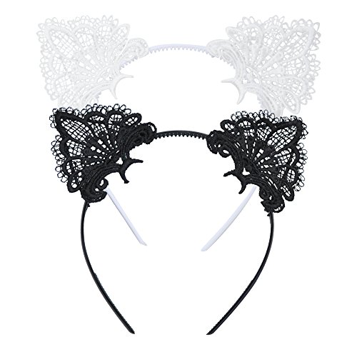 DRESHOW Lace Cat Ears Headband for Women & Girls - 2 Pack Hair Hoop for Cosplay, Halloween Party, Anime Costume Accessories | Cute Hairband for Dress Up, Themed Events & Photo Shoots