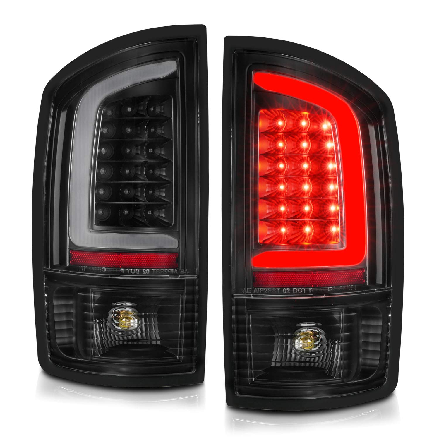 2002-2006 Dodge Ram 1500 & 2003-2006 Ram 2500/3500 Pickup Truck Black C-Type LED Tail Lights - Brake Lamp Replacement Pair (Driver & Passenger Side) - Enhanced Visibility & Style for Night Driving & Towing