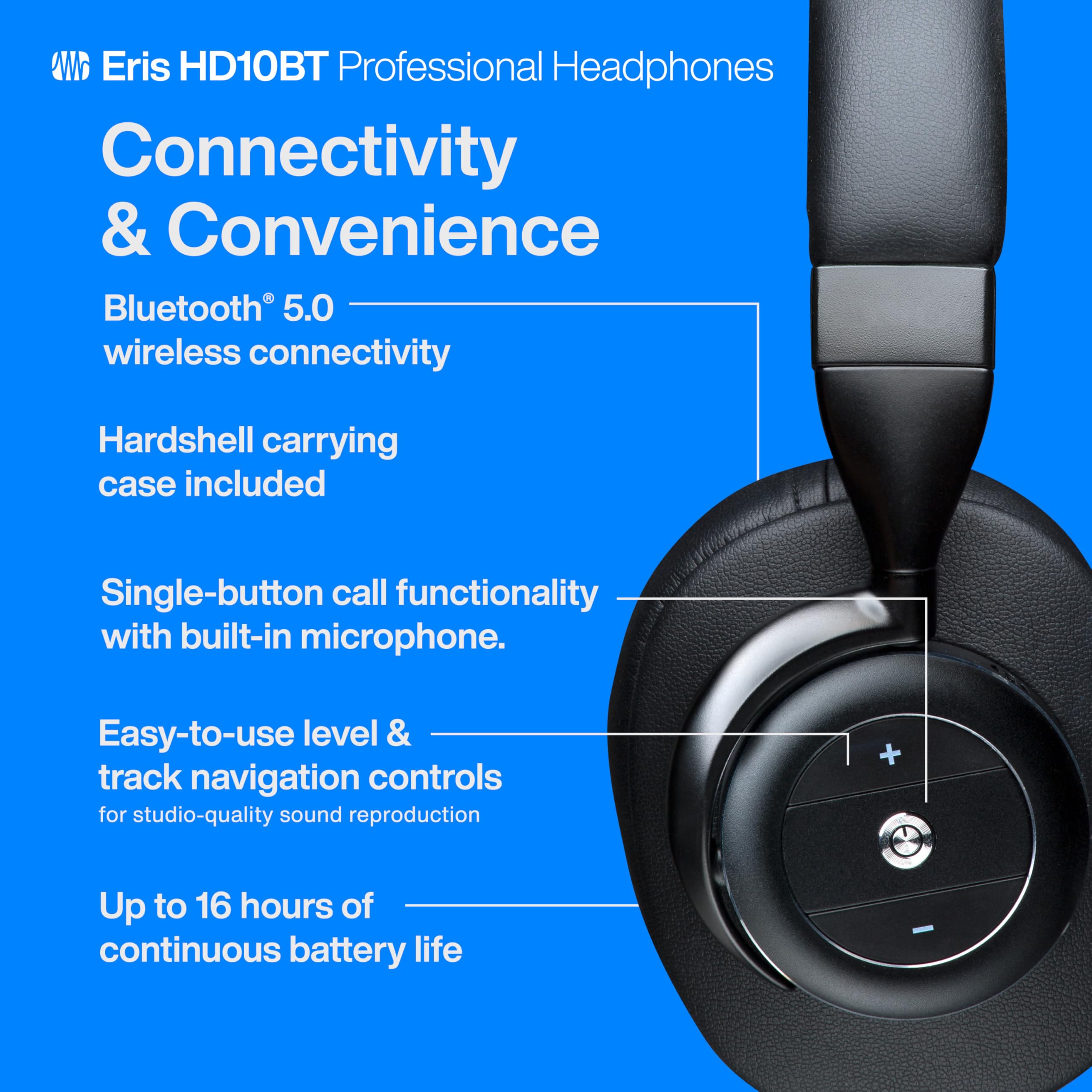 PreSonus Eris HD10BT Professional Studio Headphones - Wireless Bluetooth ANC Headphones with Active Noise Cancelling, Closed-Back Over-Ear Design for Music Production, Mixing, Recording & Monitoring - Perfect for Home Studios, Podcasting & Audio Professionals