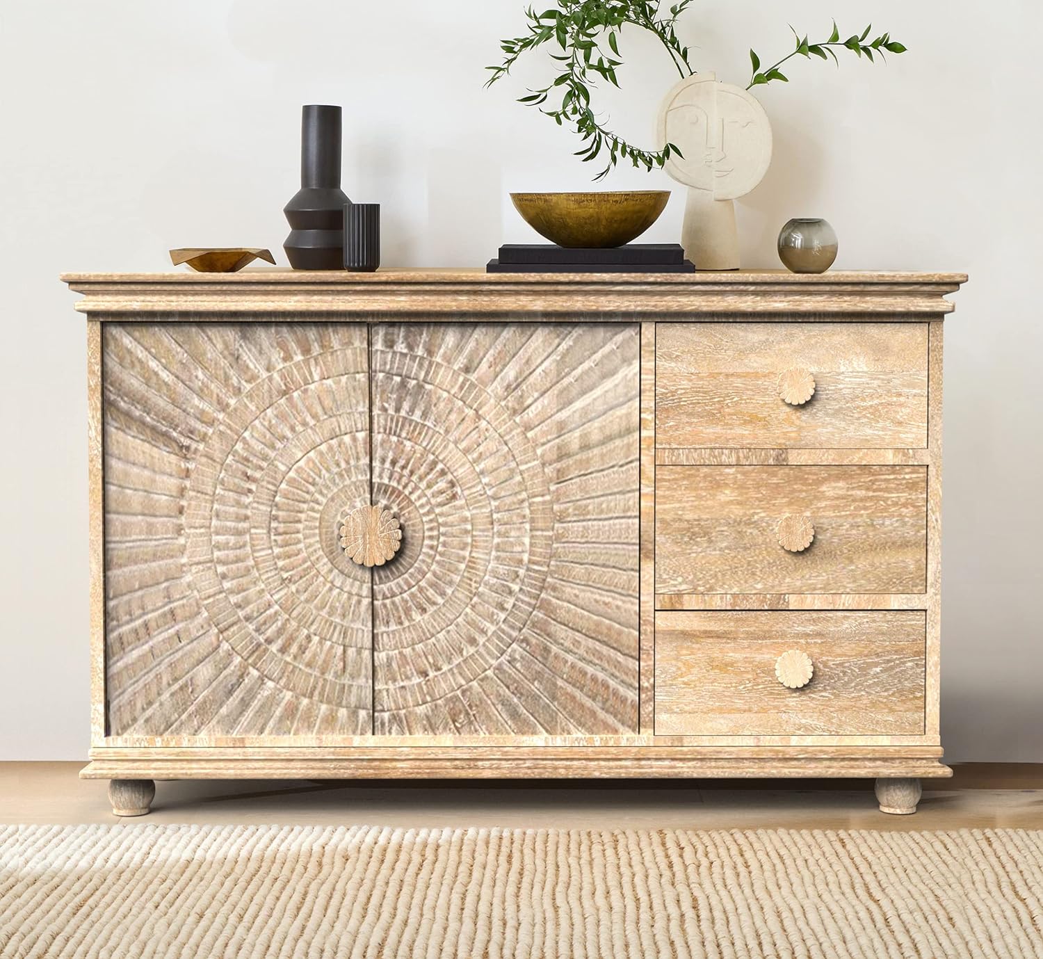 Handcrafted Corsica Sunburst Carved Solid Mango Wood Sideboard Cabinet - Farmhouse White Storage Chest for Dining Room & Living Room Decor