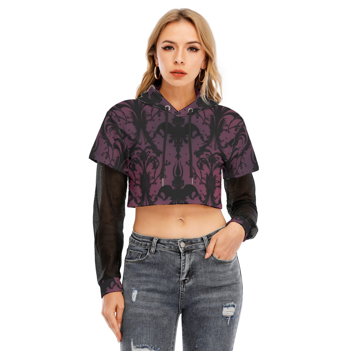 Gothic Purple Two-Piece Mesh Sleeve Cropped Hoodie for Women - Trendy Streetwear & Gothic Fashion Outfits for Concerts, Parties, and Night Out