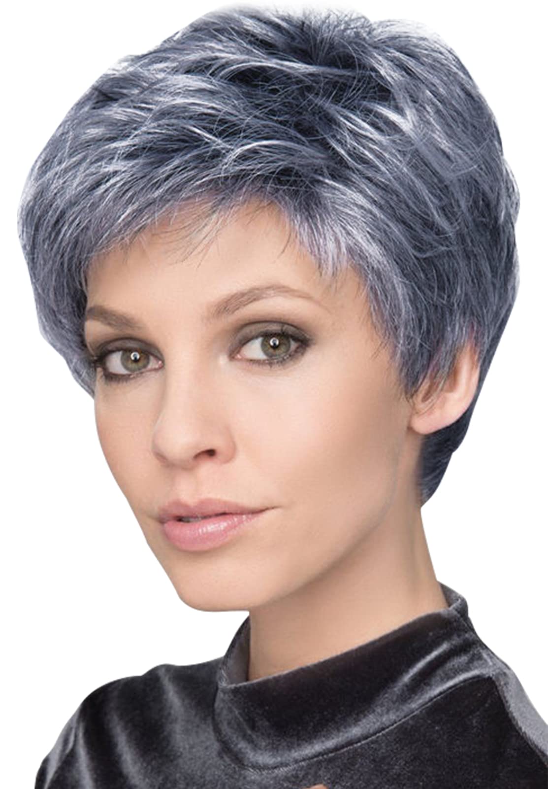 Happy Cherry Short Wigs for Women - Synthetic Shag Wig with Black & Silver Highlights - Pixie Layered Wig for Older Women - Includes Cap & Comb - Perfect for Cosplay, Daily Wear & Costume Parties