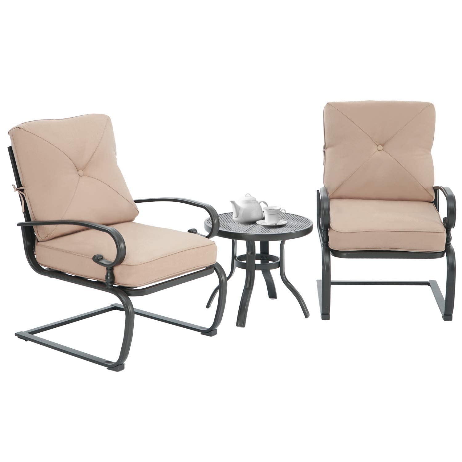 SUNCROWN 3-Piece Outdoor Patio Bistro Set with Spring Motion Chairs & Round Cafe Table - Steel Frame Conversation Furniture with Cushions (Brown) - Perfect for Garden, Balcony, and Backyard Relaxation