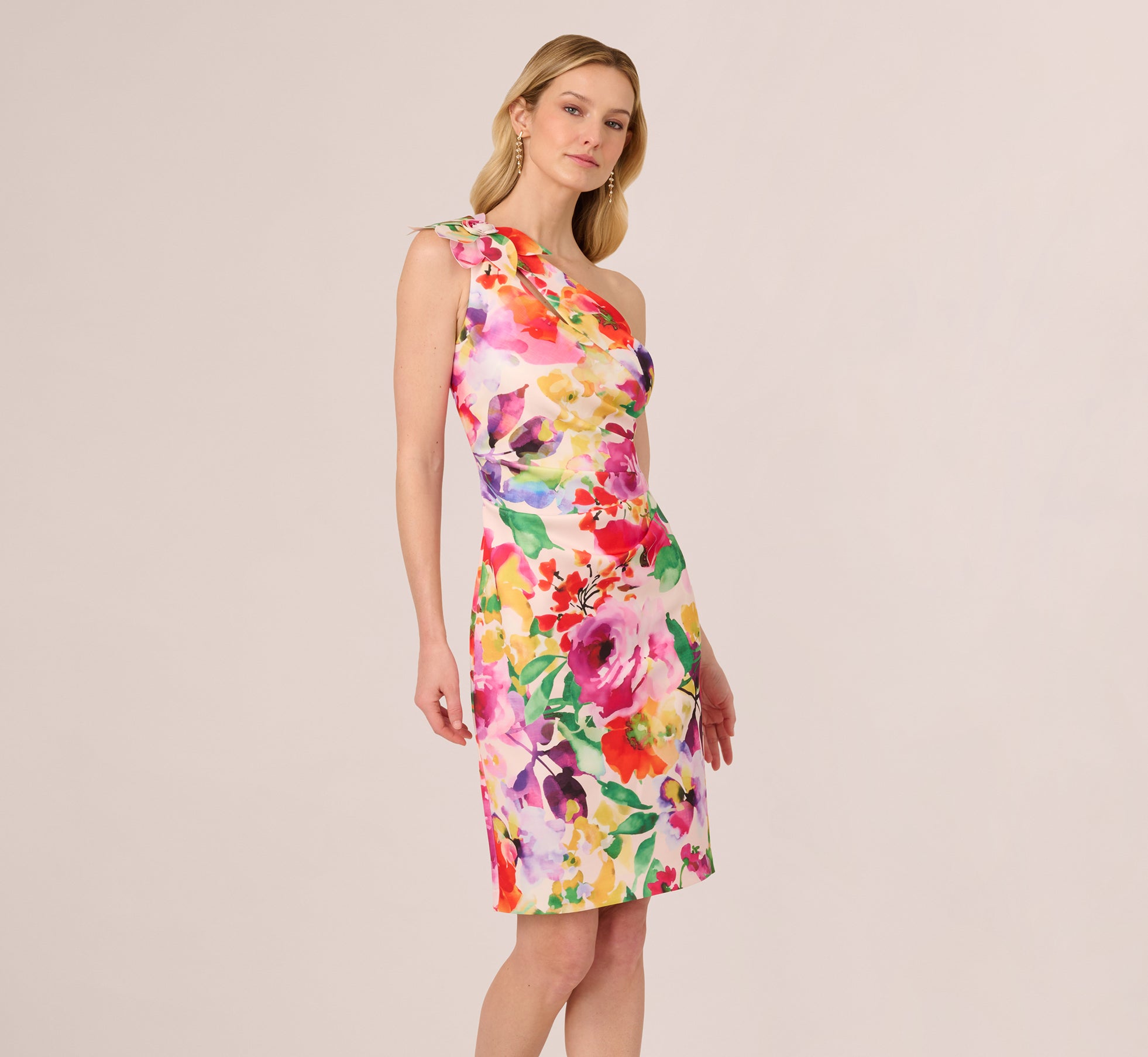 Elegant One Shoulder Rosette Floral Sheath Dress in Pink Multi - Perfect for Weddings, Parties & Special Occasions