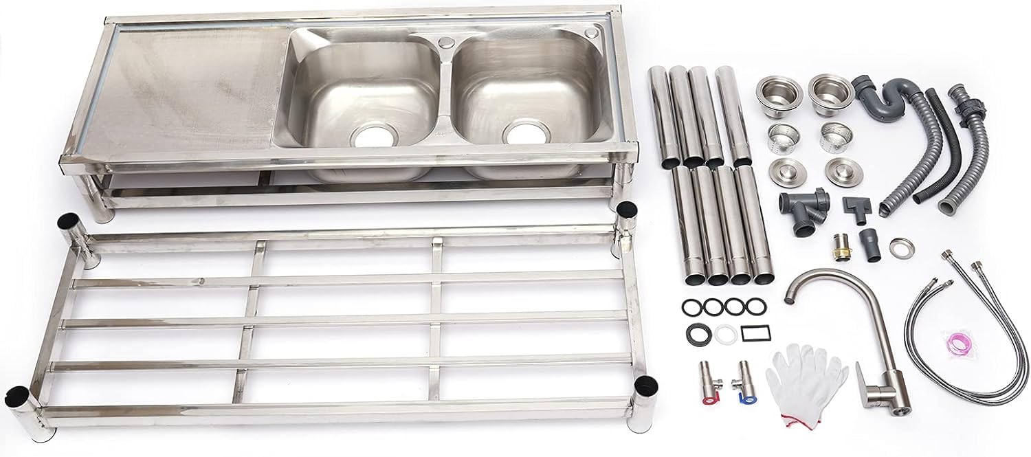 **Commercial 304 Stainless Steel Double Bowl Restaurant Sink with Storage Shelves & Drainer Faucet Combo – Heavy-Duty Kitchen Utility Sink for Restaurants, Cafes, and Food Prep Areas**