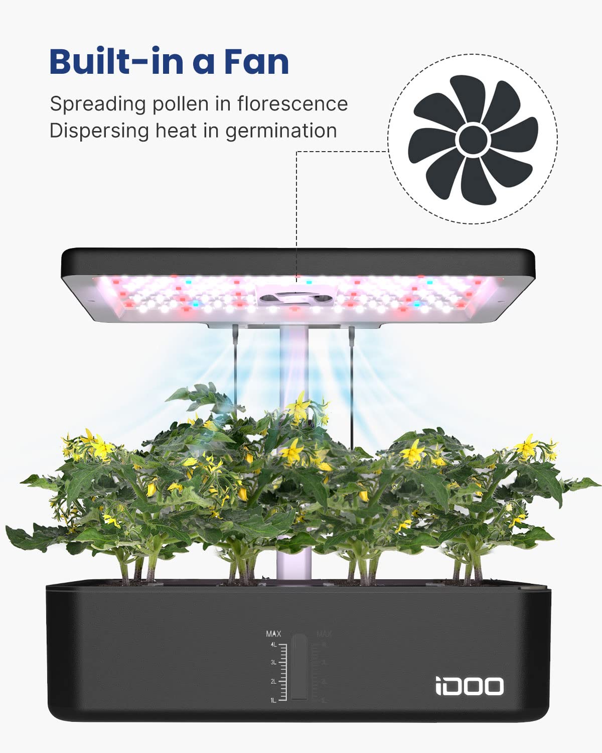 iDOO 12-Pod Hydroponics Growing System Kit with LED Grow Light, Built-in Fan & Auto Timer - Indoor Herb Garden for Kitchen, Home, Office - Adjustable Height up to 11.3