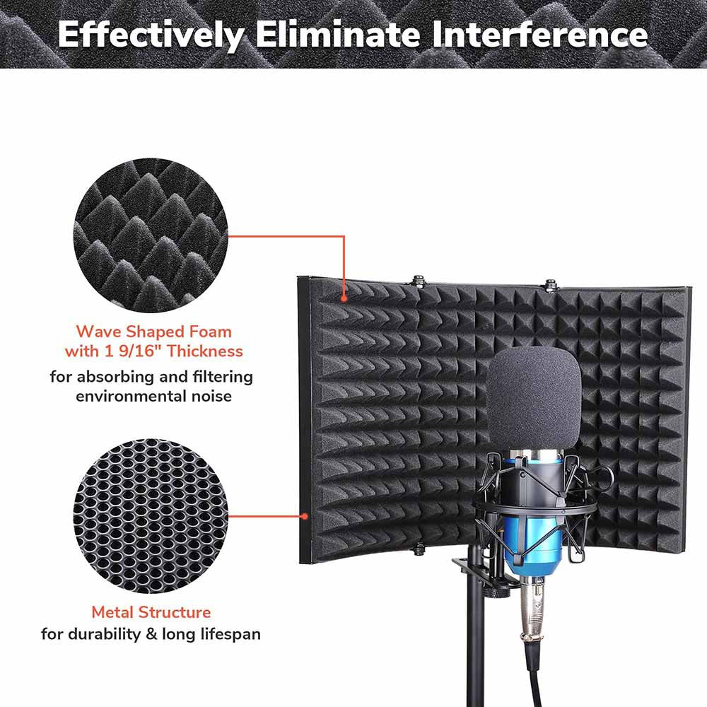 TheLAShop 3 Fold Studio Microphone Isolator Foam Panel - Professional Vocal Absorber for Podcasting, Voice Recording & Home Studio Soundproofing