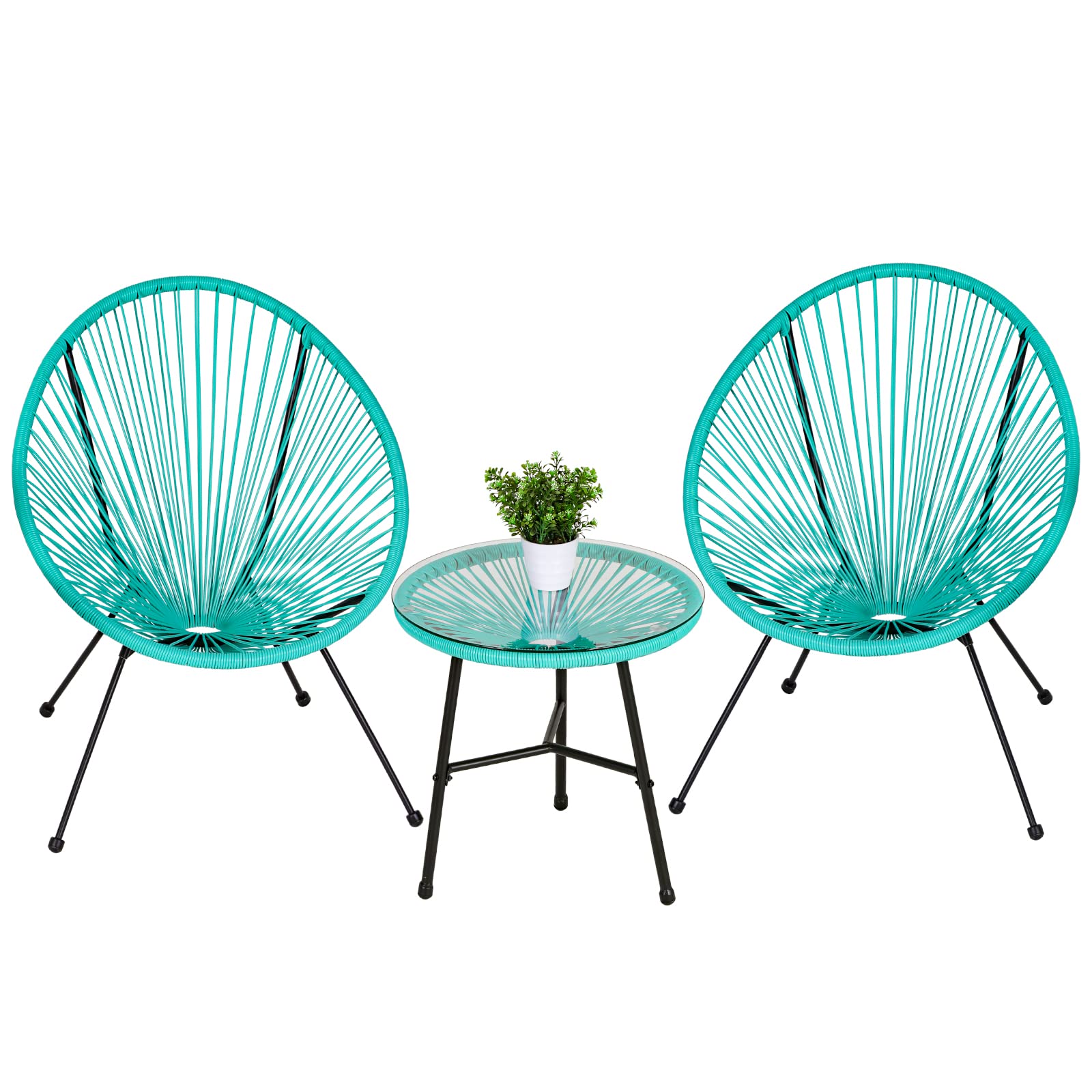 TLSUNNY 3-Piece Acapulco Patio Set - All-Weather Rattan Woven Mid-Century Outdoor Furniture with Glass Tabletop Side Table, Plastic Rope (Green) - Perfect for Garden, Poolside, Backyard & Patio Conversation Areas