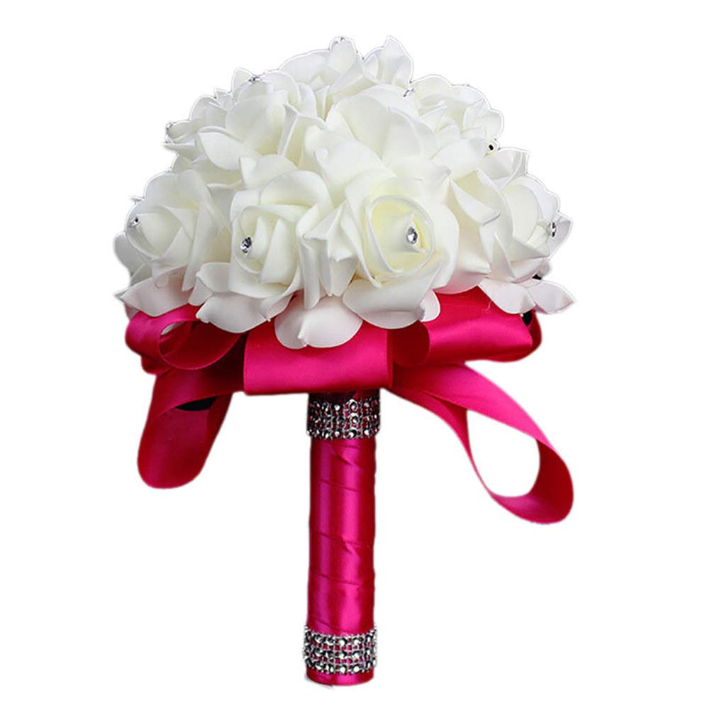 Guohanfsh Wedding Bouquet - Elegant Bridal & Bridesmaid Bouquet with Crystals & Soft Ribbons, Artificial Foam Rose Flowers for Weddings, Parties & Church Decorations (Rose Red) - Perfect for Wedding Ceremonies, Bridal Showers & Romantic Photo Shoots
