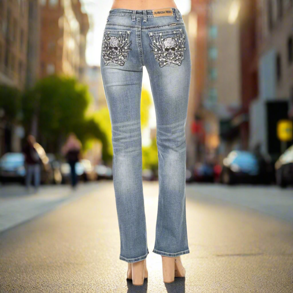 Platinum Plush Women's Rhinestone Skull & Bones Bootcut Jeans - Gothic Fashion Denim Pants for Parties, Concerts & Night Out