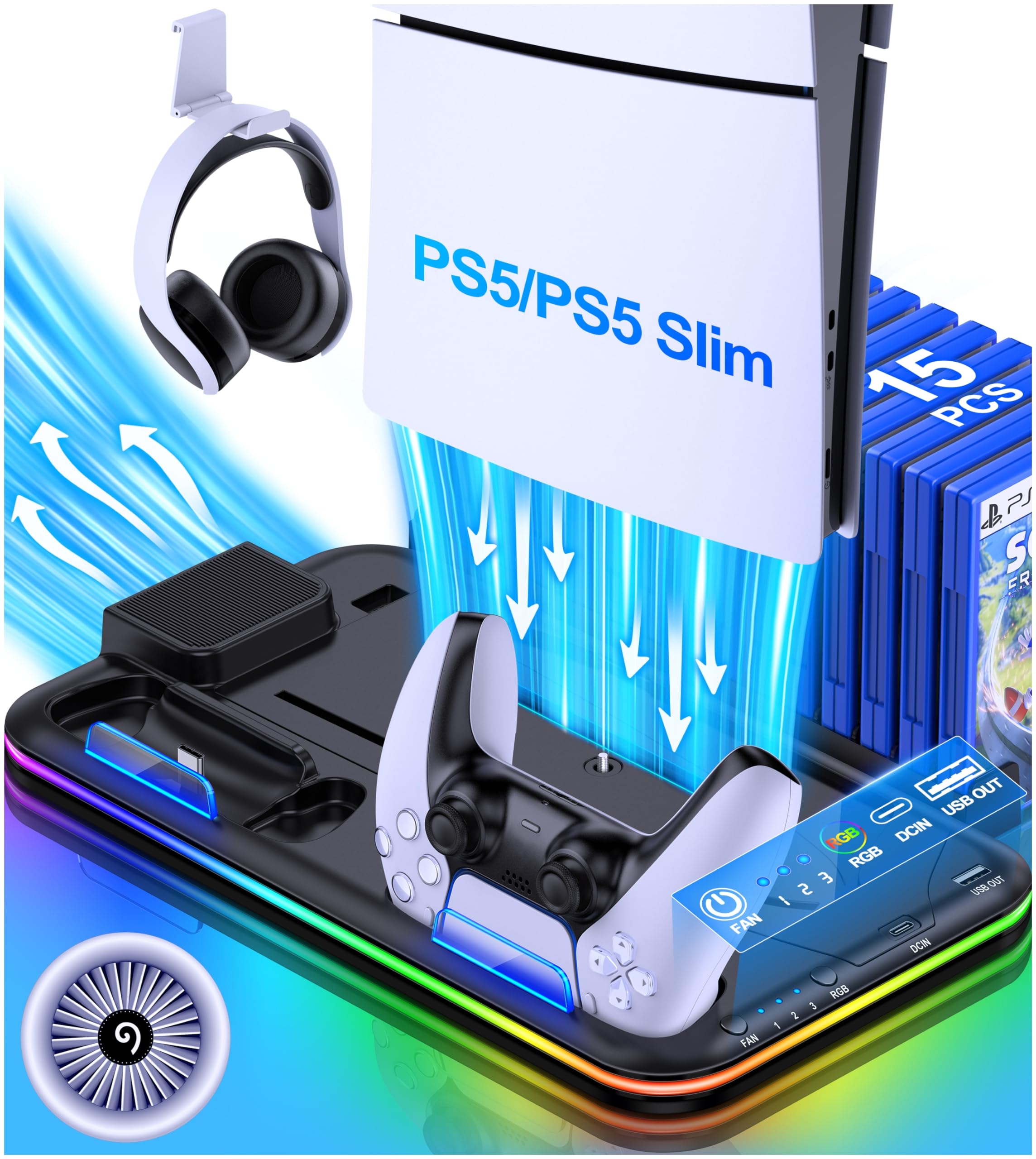 ALEEMTRY PS5 Stand with Cooling Fan & RGB Lights - 3-Speed Adjustable Cooling, 15 Game Storage Holder - Compatible with PS5 Slim Disc & Digital Edition - Perfect for Gaming Setup & Console Protection