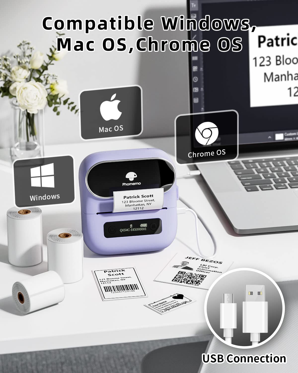 Phomemo Bluetooth Thermal Label Maker - Portable Barcode & Address Printer for Home, Mailing, Small Business & Clothing | 3 Label Sizes Included | Perfect for Organizing, Shipping & Retail Labeling