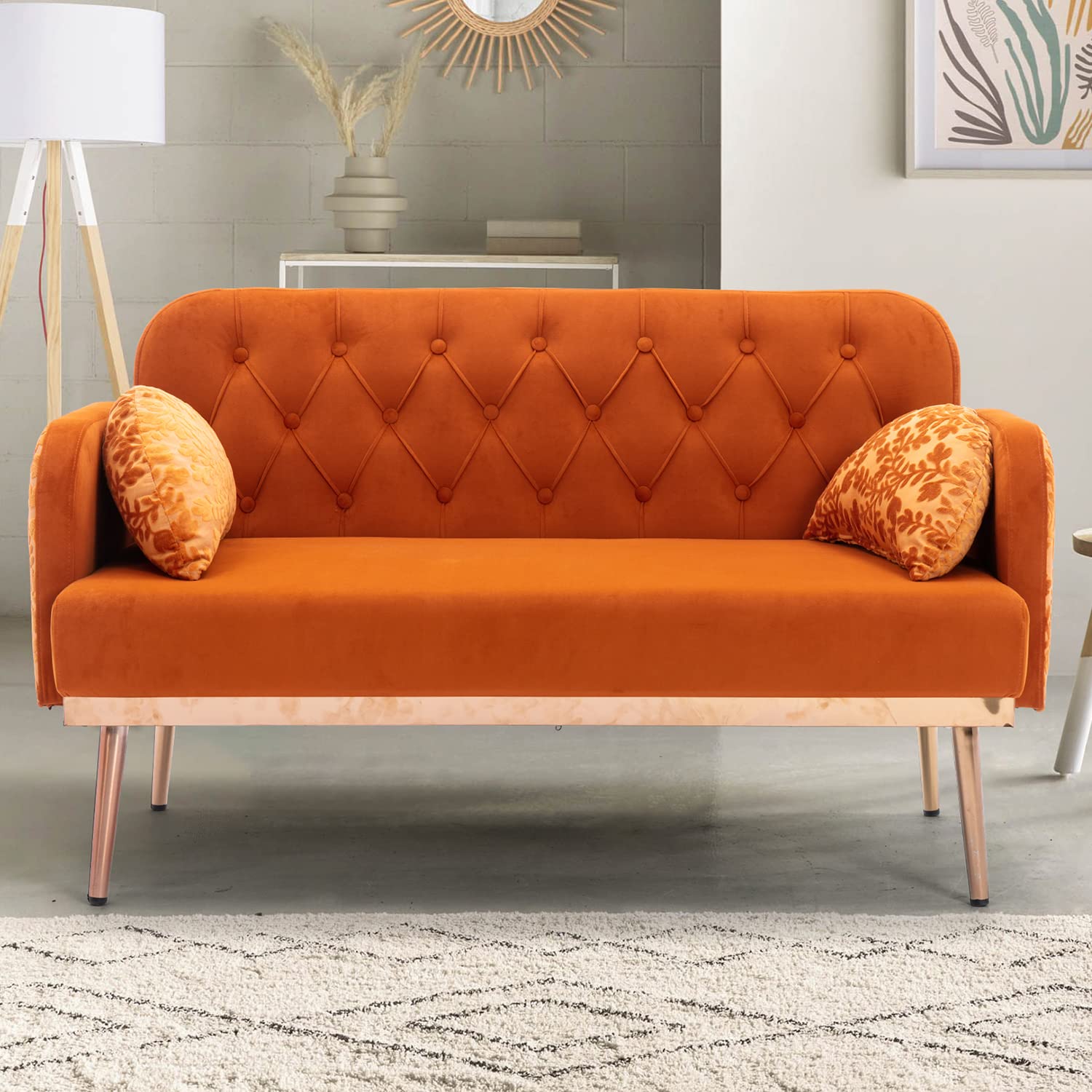 Luxury Velvet Loveseat Sofa with 2 Pillows & Gold Metal Legs - Small Couch for Living Room, Apartment, Bedroom (Orange) - Perfect for Cozy Spaces, Home Decor & Modern Interior Design