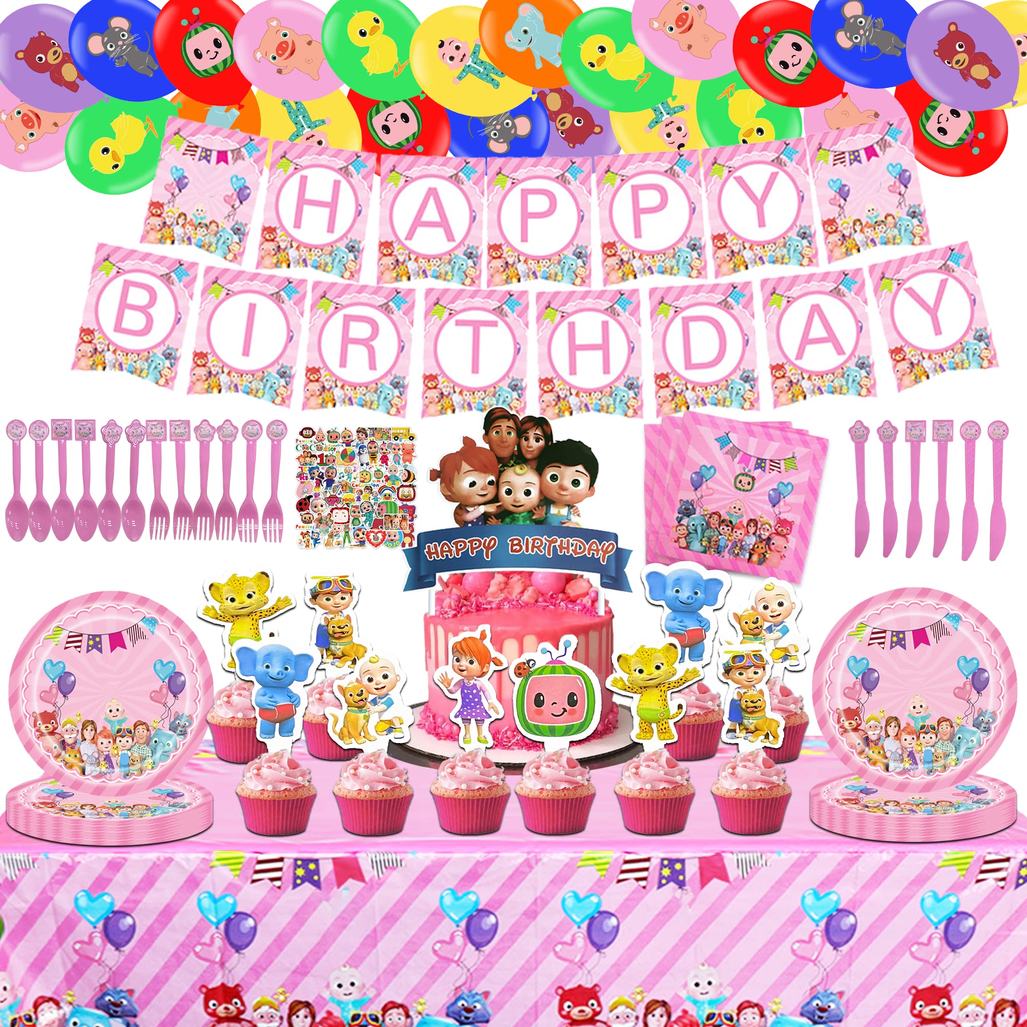 166pcs Pink Cartoon Birthday Party Decorations Set - Includes Banners, Tablecloths, Plates, Cupcake Toppers, Cake Topper, Cutlery & Napkins for Girls' Birthday Party - Perfect for Kids Birthday Decorations, Baby Showers & Themed Celebrations