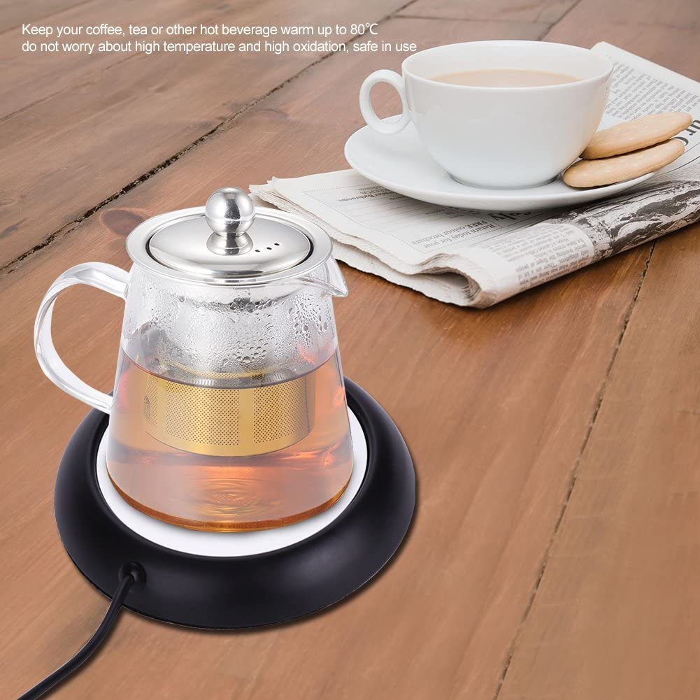 USB Electric Coffee Mug Warmer - Portable Tea & Milk Cup Heater Pad with Wooden/Metal Base | Perfect for Office, Home & Travel | Fast Heating Plate for Desks, Nightstands & Cars (Black)