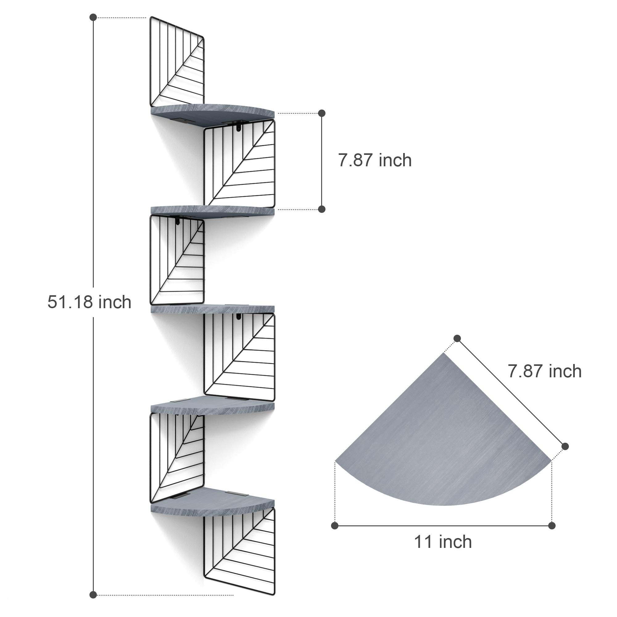 5-Tier Rustic Wood Floating Wall Shelves - Corner Shelf for Bedroom, Living Room, Bathroom, Kitchen & Office - Weathered Grey Finish - Perfect for Home Decor, Storage & Display
